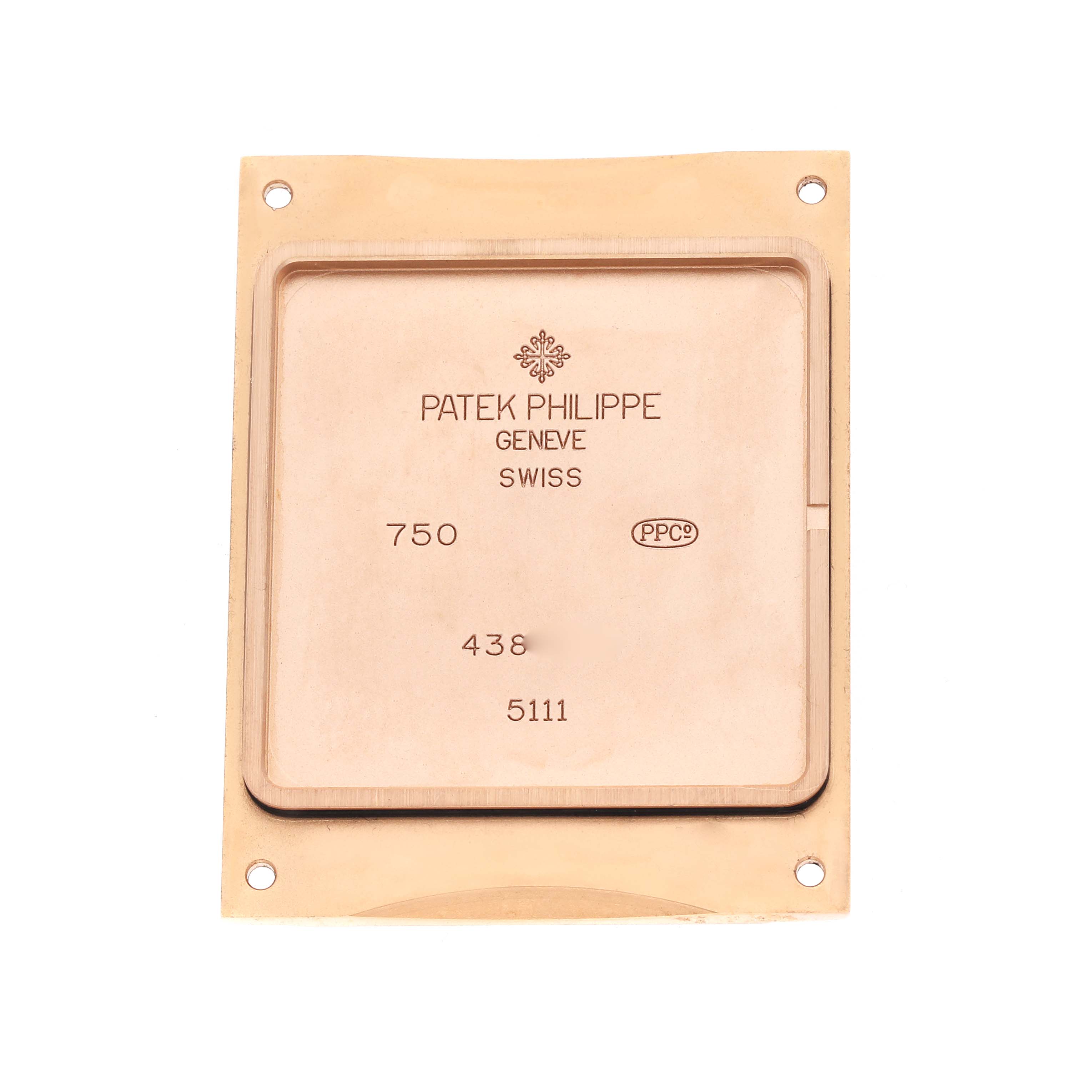 The image shows the back case of a Patek Philippe Gondolo 5111 5111R Men's Rose Gold Silver Dial watch viewed from a top-down angle.