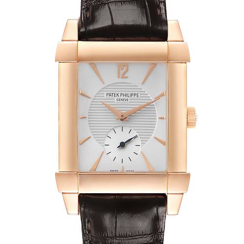 The image shows a front view of the Patek Philippe Gondolo 5111 5111R Men's Rose Gold Silver Dial watch, highlighting the rectangular case, dial, and leather strap.