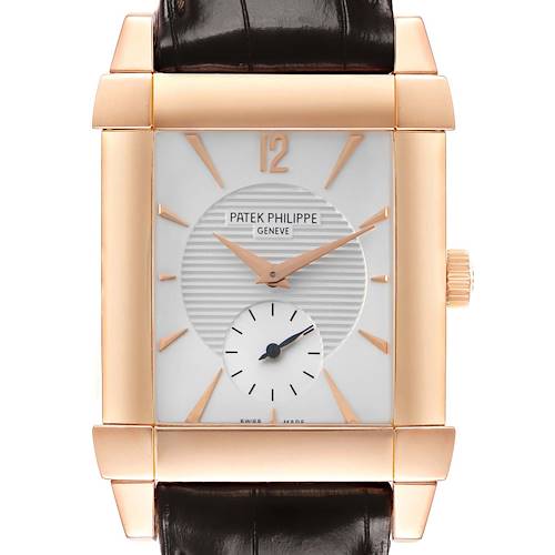 The image shows a frontal view of the Patek Philippe Gondolo 5111 5111R Men's Rose Gold Silver Dial watch, including its dial, hands, and crown.