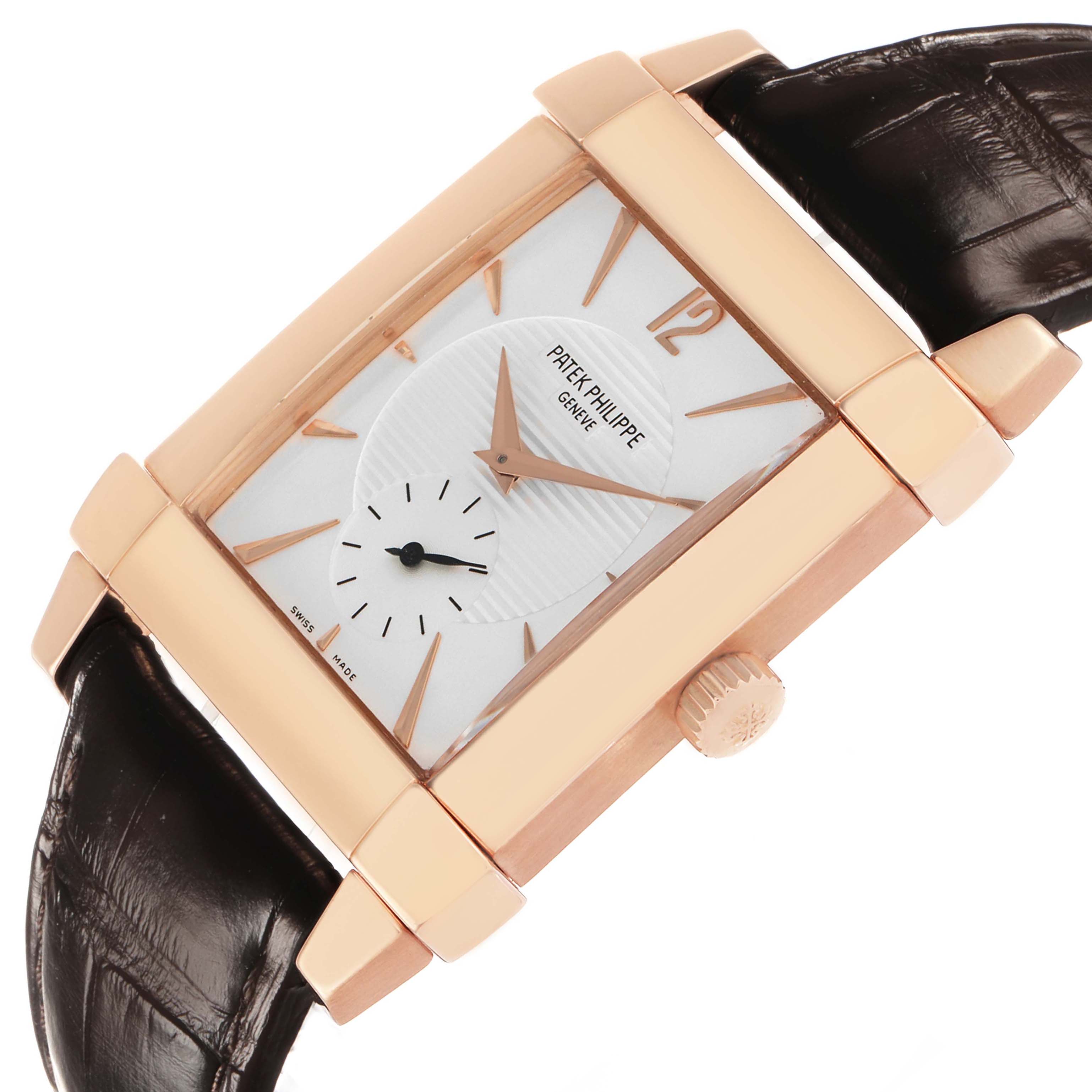 The Patek Philippe Gondolo 5111 5111R Men's Rose Gold Silver Dial watch is shown at an angled side perspective, highlighting its rectangular case, crown, and leather strap.