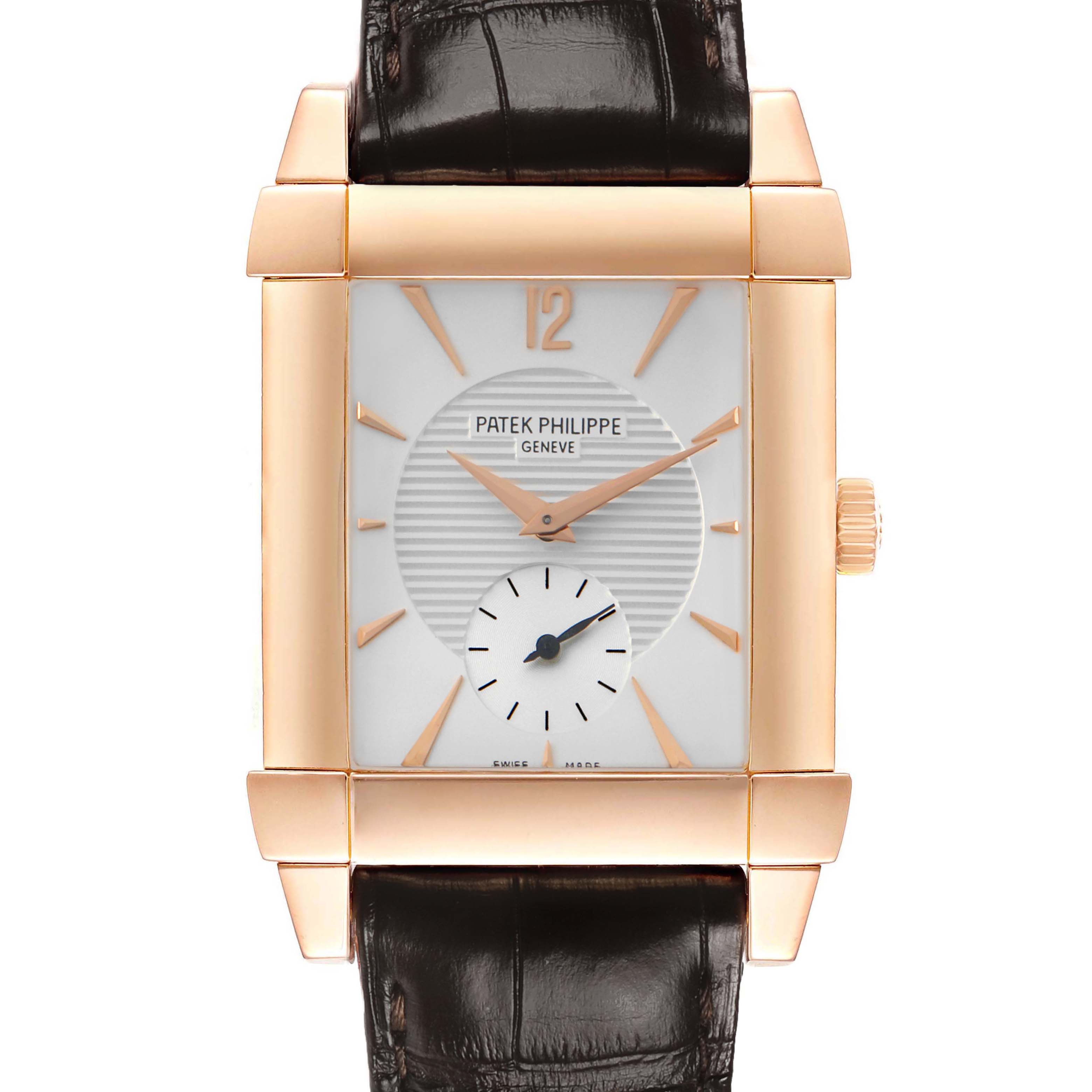 The image shows a front view of the Patek Philippe Gondolo 5111 5111R Men's Rose Gold Silver Dial, displaying its rectangular dial, rose gold case, and leather strap.