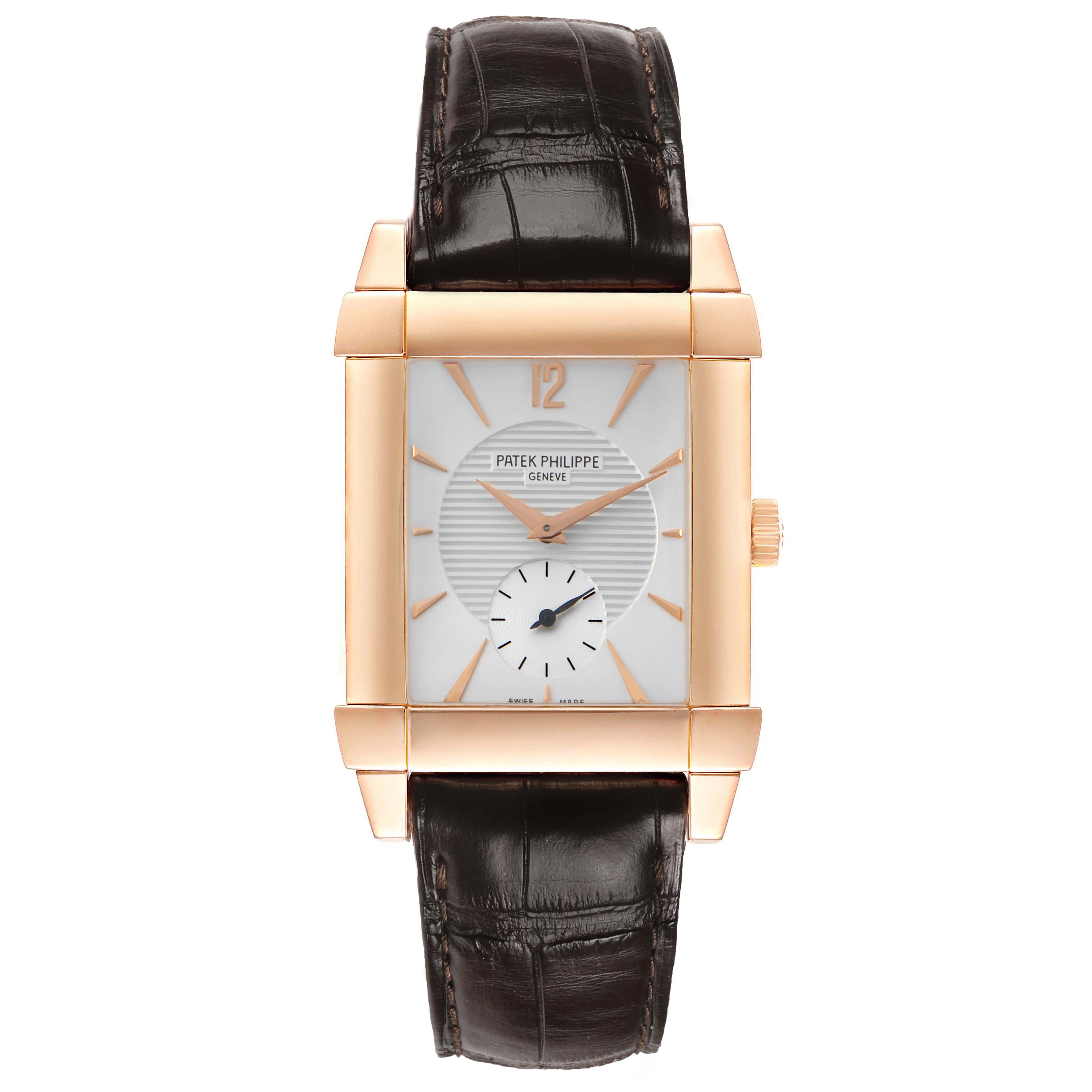 The image shows a front view of the Patek Philippe Gondolo 5111 5111R Men's Rose Gold Silver Dial watch, highlighting its rectangular face and leather strap.