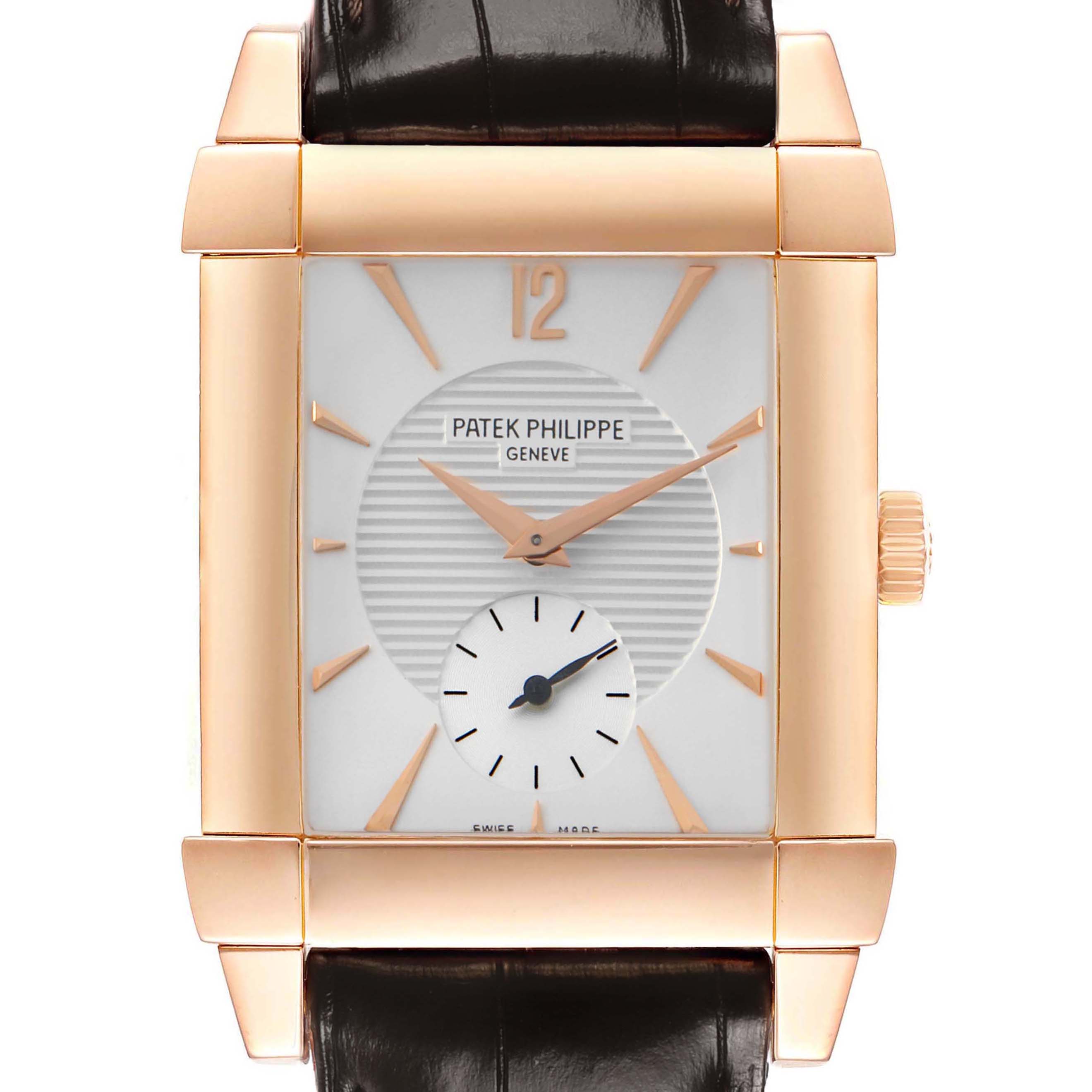 The image shows a frontal view of the Patek Philippe Gondolo 5111 5111R Men's Rose Gold Silver Dial watch, displaying the dial, case, and crown.