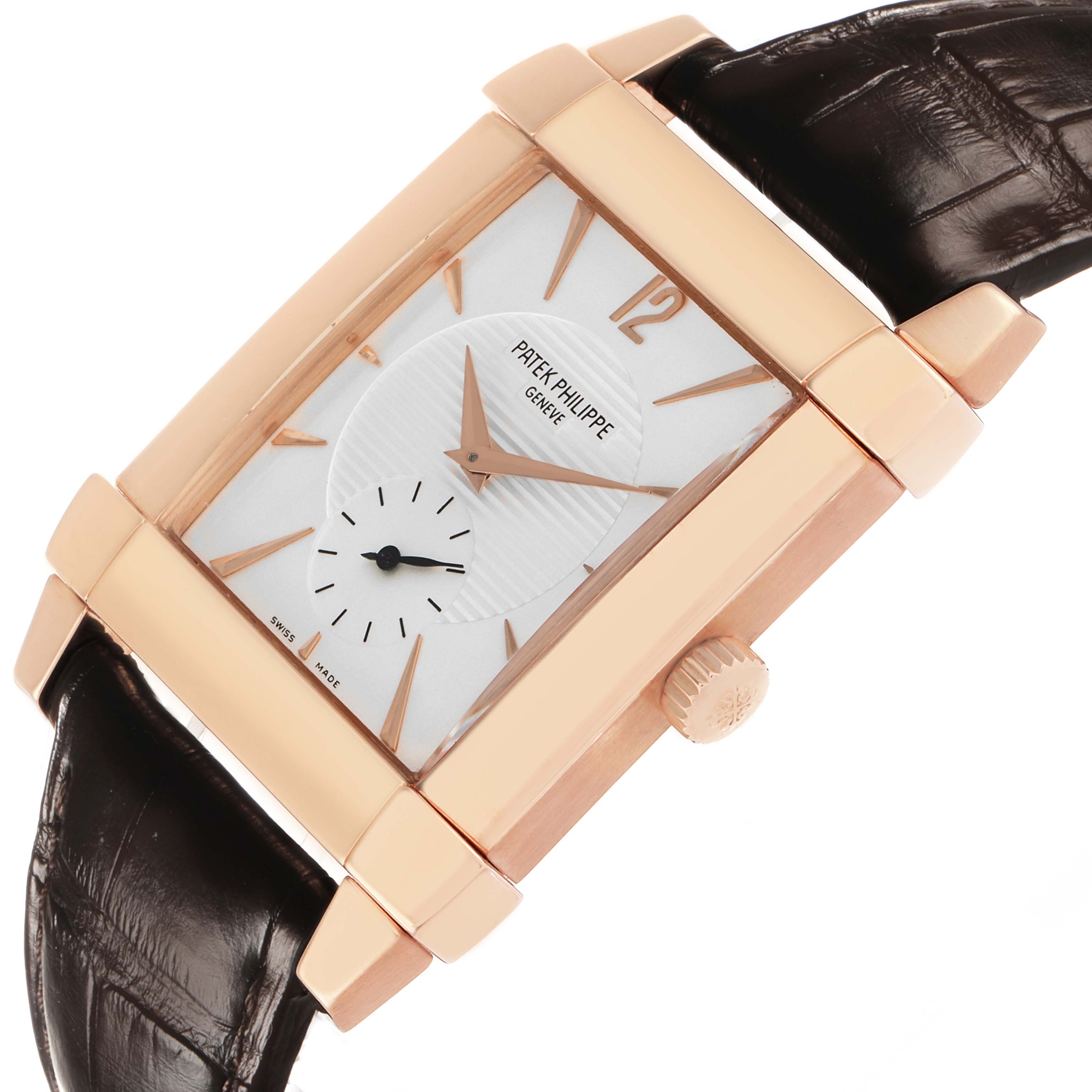 The Patek Philippe Gondolo 5111 5111R Men's Rose Gold Silver Dial watch is shown at a slight angle displaying its rectangular face, rose gold case, crown, and leather strap.