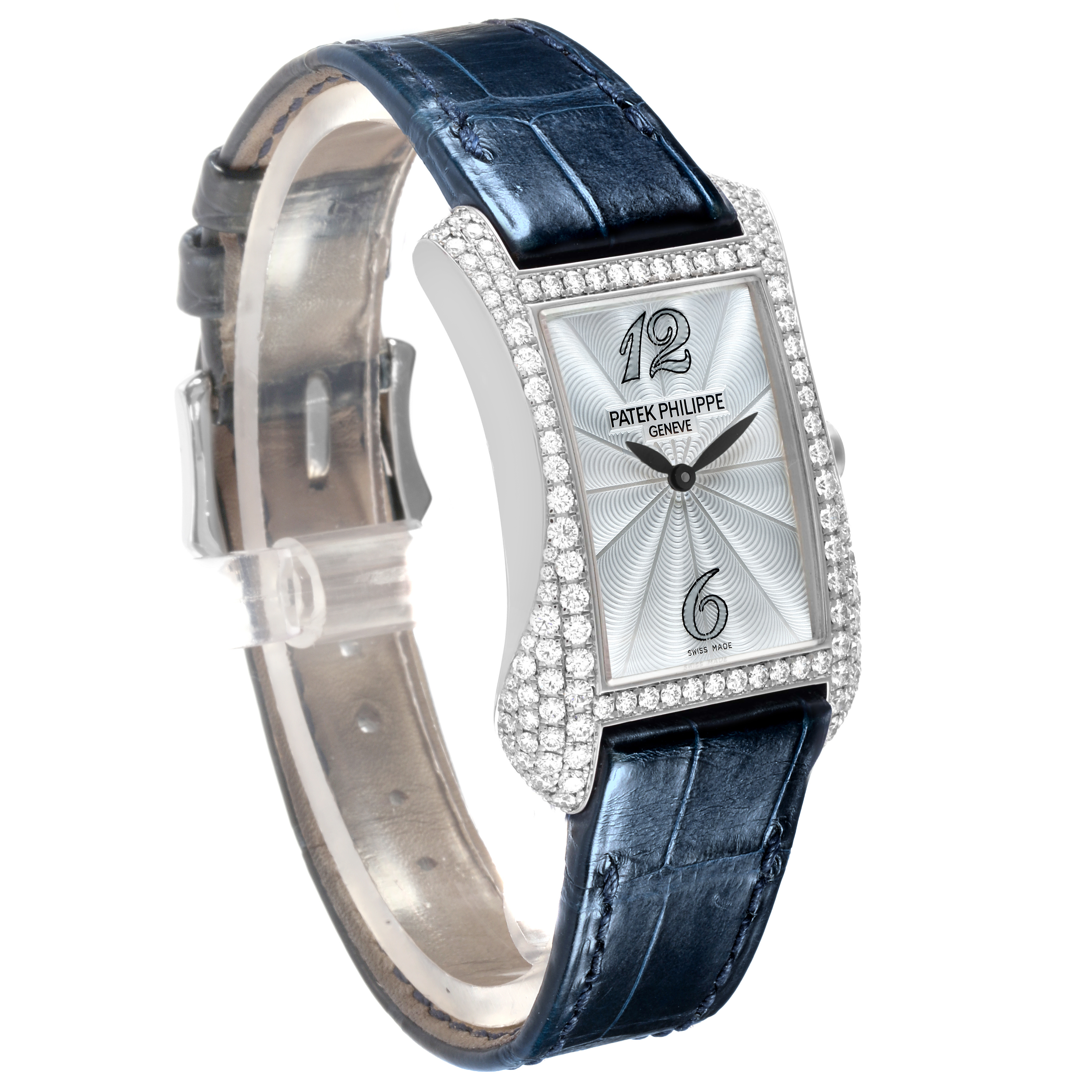 The Patek Philippe Gondolo 4972G-001 Women's White Gold Mother of Pearl Dial watch is shown at a three-quarter angle, highlighting the face, diamond bezel, and blue leather strap.