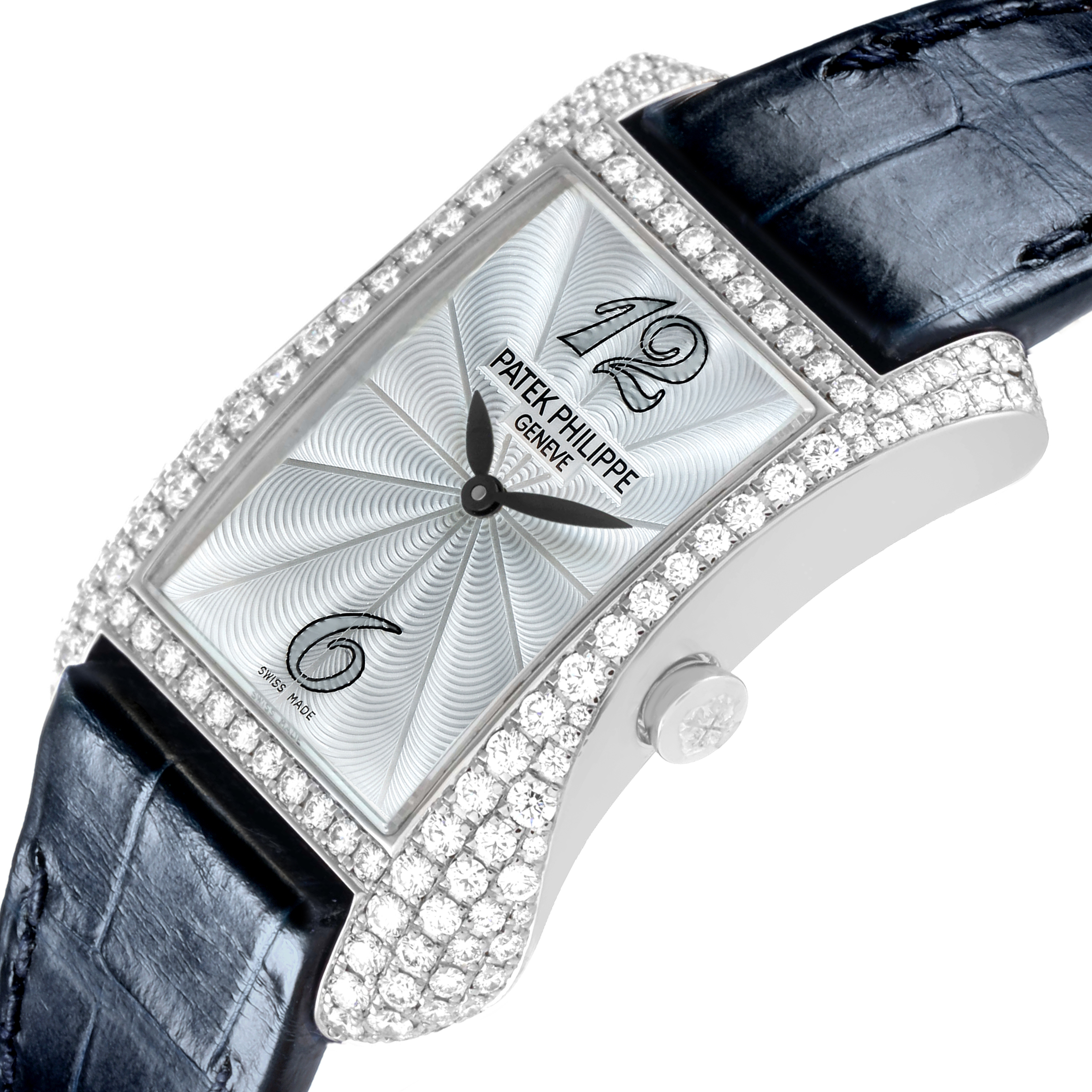 The Patek Philippe Gondolo 4972G-001 Women's White Gold Mother of Pearl Dial watch is shown at an angle highlighting the diamond-set case, silver dial, and leather strap.