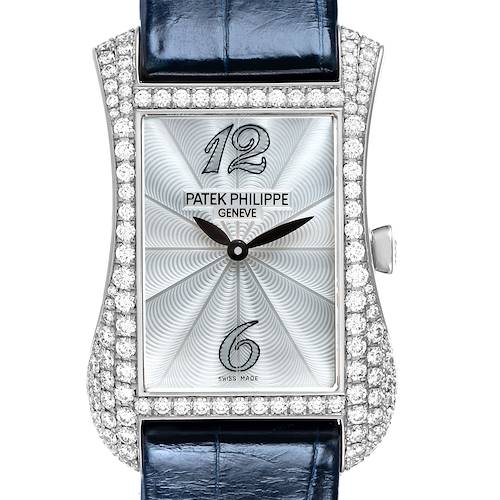 The Patek Philippe Gondolo 4972G-001 Women's White Gold Mother of Pearl Dial watch is shown from the front, highlighting the diamond-studded bezel and blue leather strap.