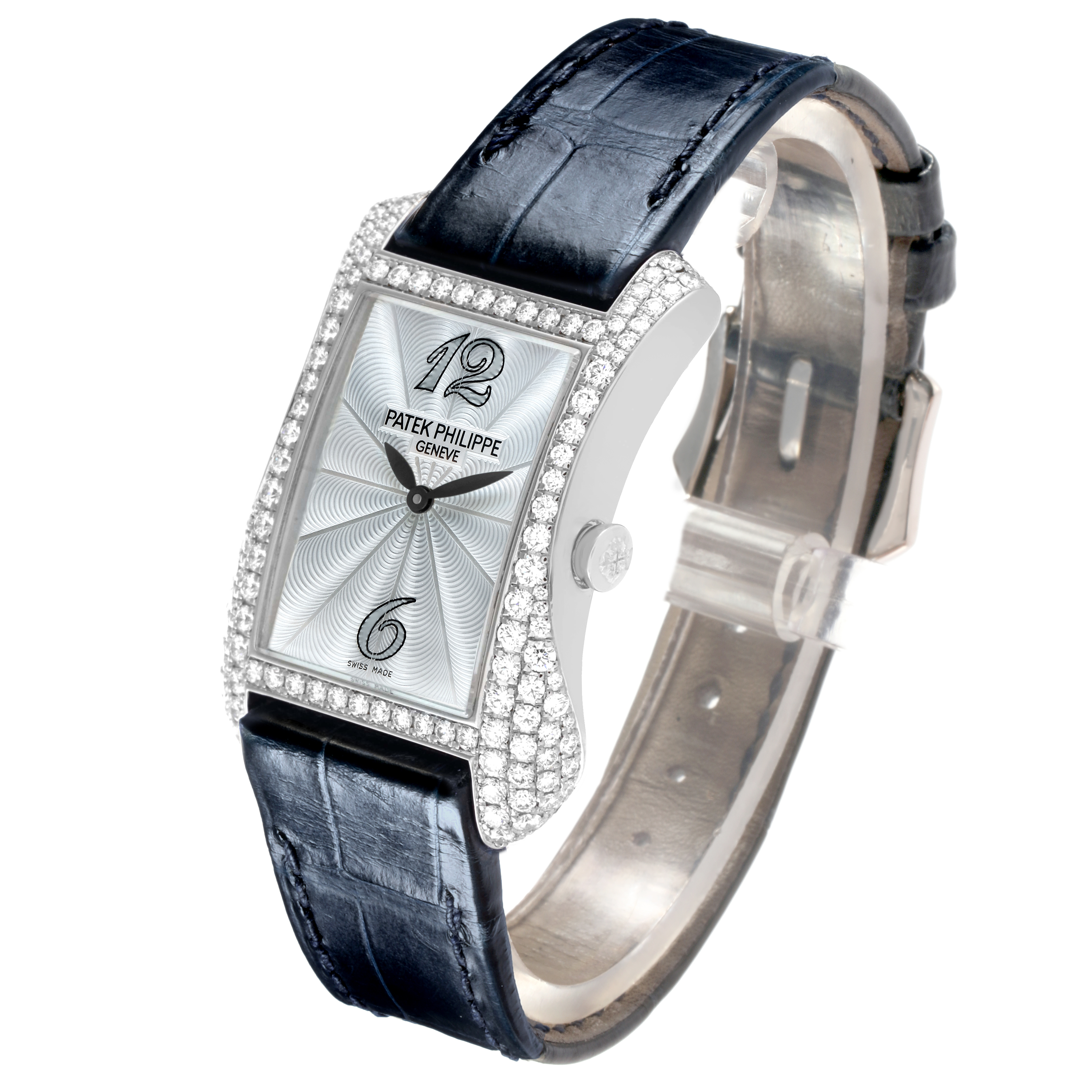 The Patek Philippe Gondolo 4972G-001 Women's White Gold Mother of Pearl Dial watch is shown at an angle, highlighting the diamond-encrusted case and glossy black alligator strap.