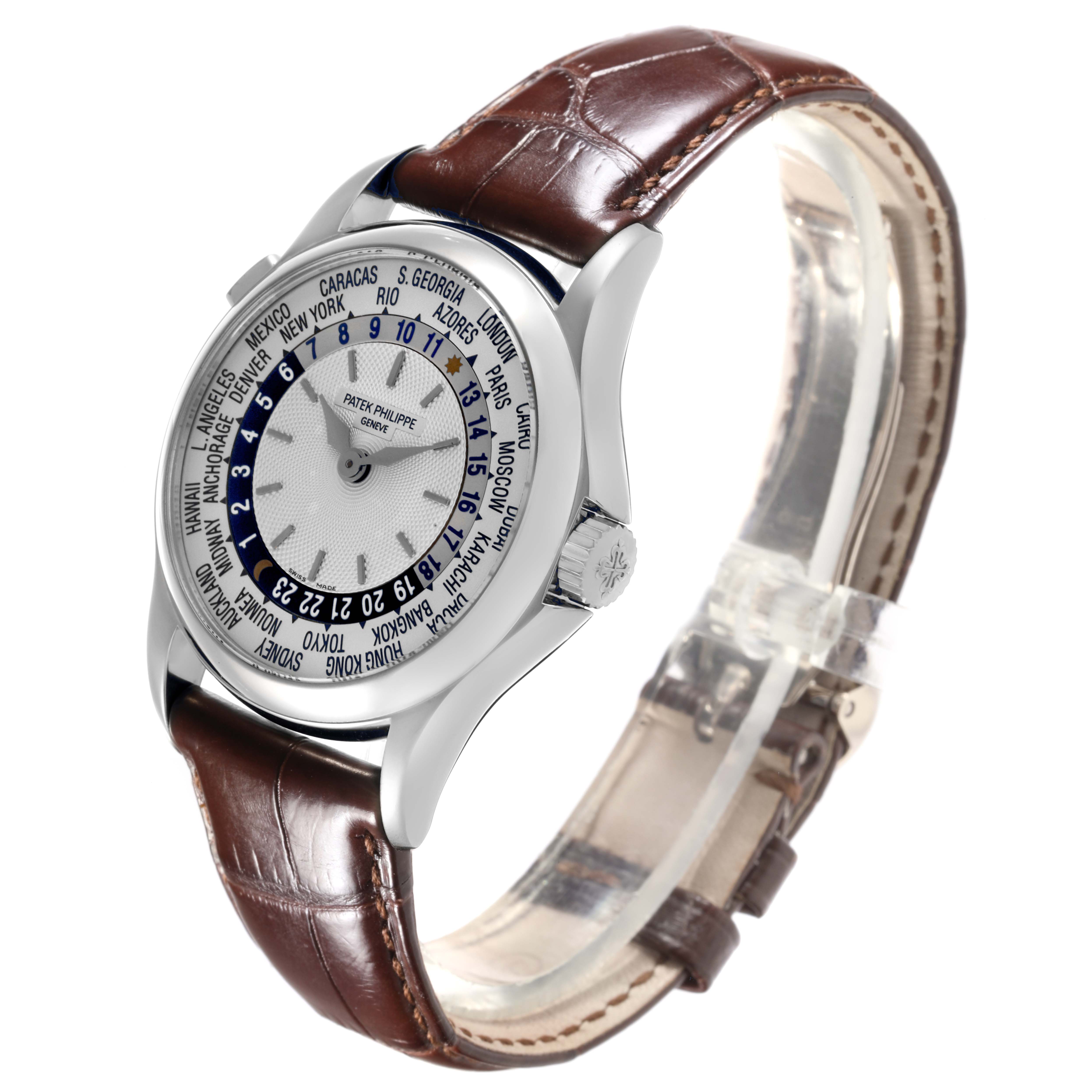 The Patek Philippe Complications 5110G-001 Men's White Gold Silver Dial 5110G-001 Men's White Gold Silver Dial watch is shown at a three-quarter angle, displaying the dial, case, crown, and full leather strap.