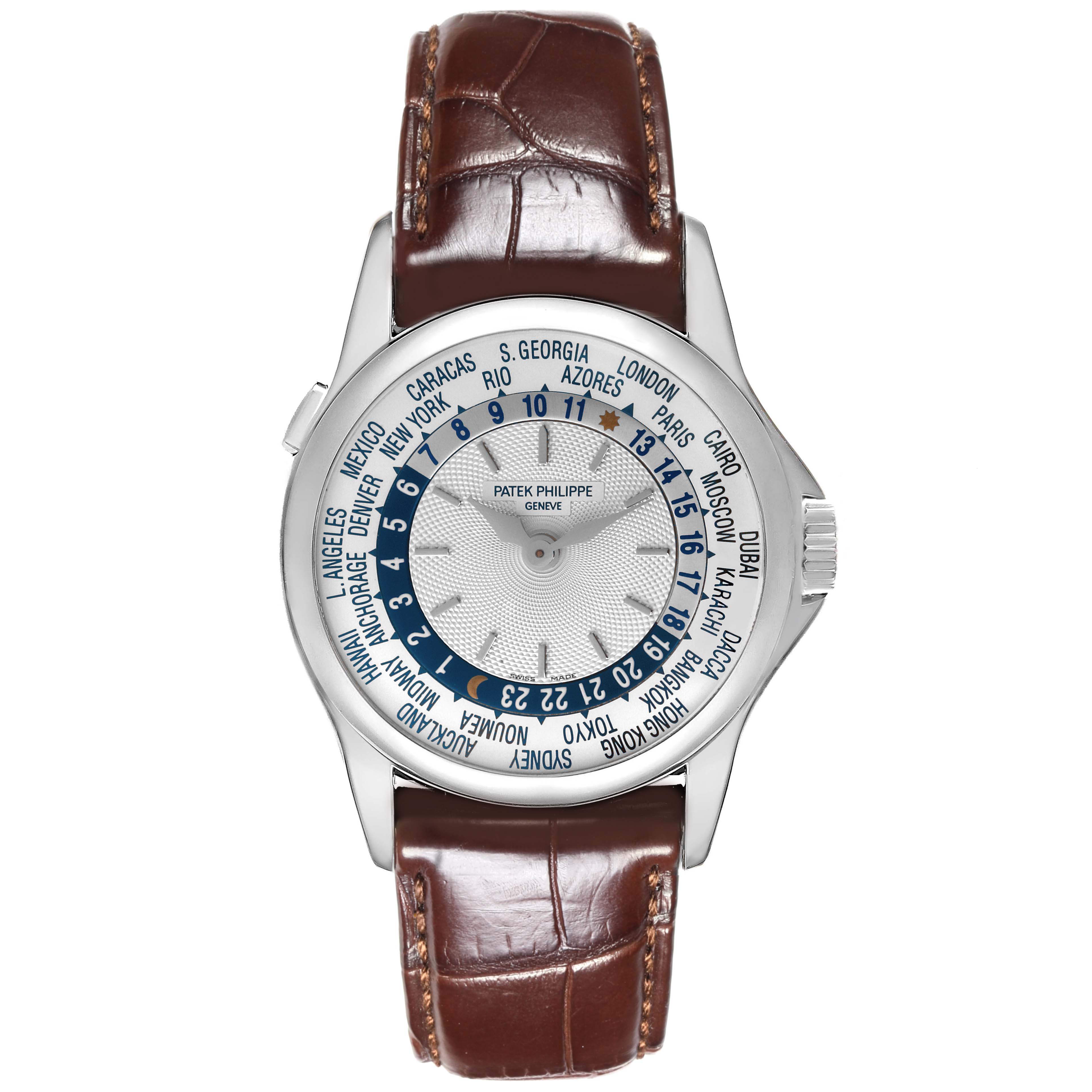 The Patek Philippe Complications 5110G-001 Men's White Gold Silver Dial 5110G-001 Men's White Gold Silver Dial watch is shown from a front angle, highlighting its dial and brown leather strap.