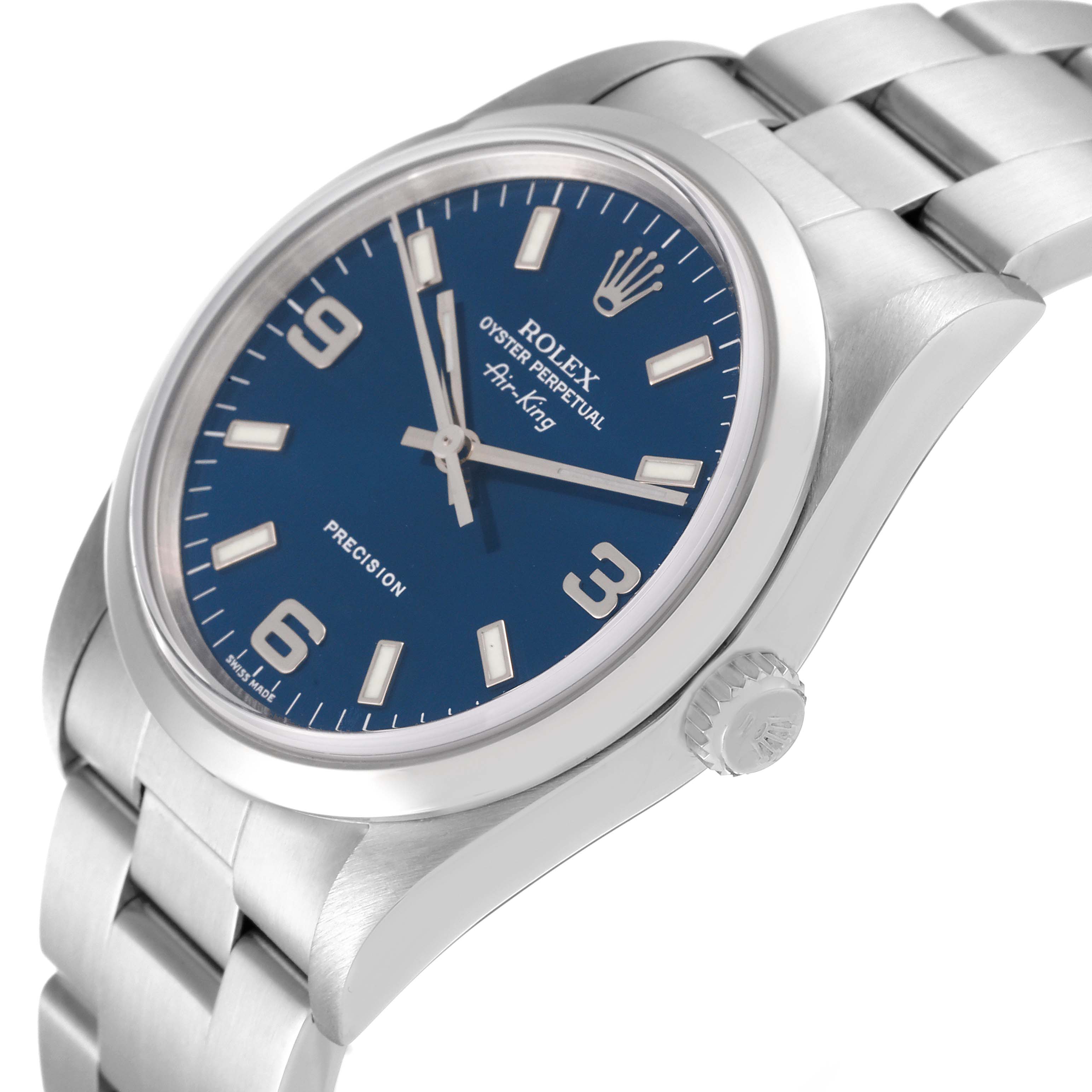 The image shows a Rolex Air-King 14000 Men's Stainless Steel Blue Dial 14000 Men's Stainless Steel Blue Dial watch from an angled side view, displaying the dial, crown, and part of the bracelet.