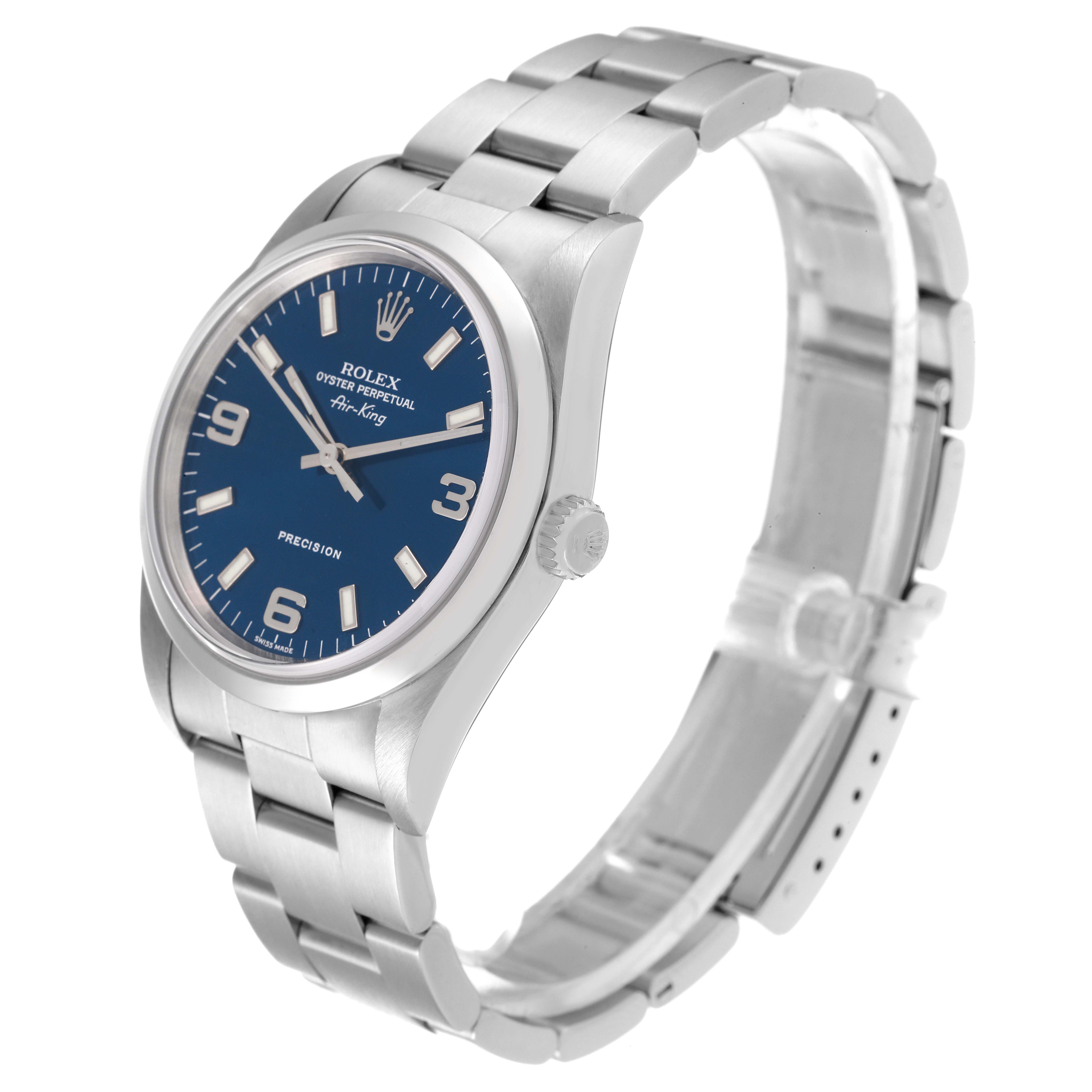 The image shows a Rolex Air-King 14000 Men's Stainless Steel Blue Dial 14000 Men's Stainless Steel Blue Dial watch at a 3/4 angle, highlighting its face, bezel, crown, and bracelet.