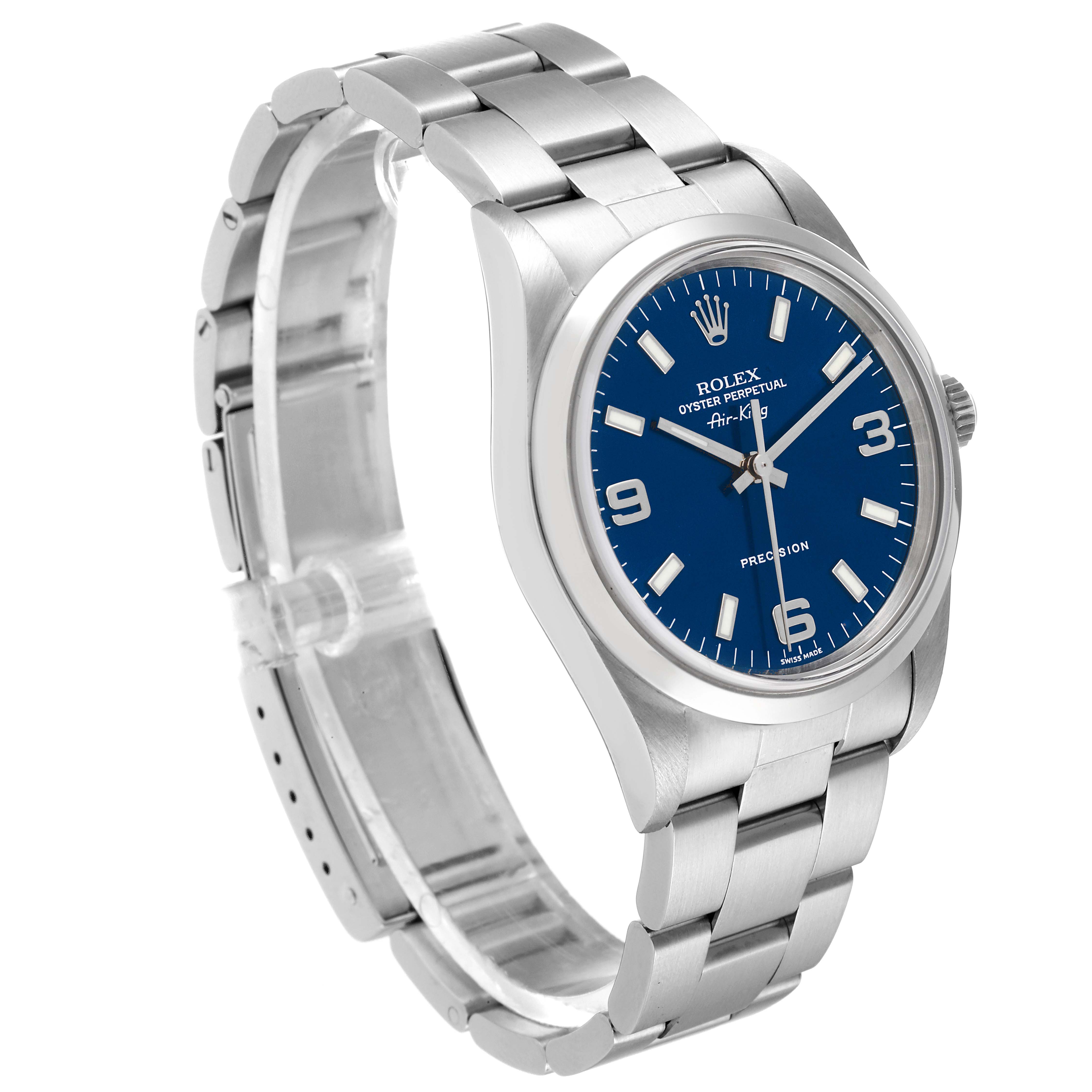 The image shows a Rolex Air-King 14000 Men's Stainless Steel Blue Dial 14000 Men's Stainless Steel Blue Dial watch at a three-quarter angle, displaying the face, bezel, and bracelet.