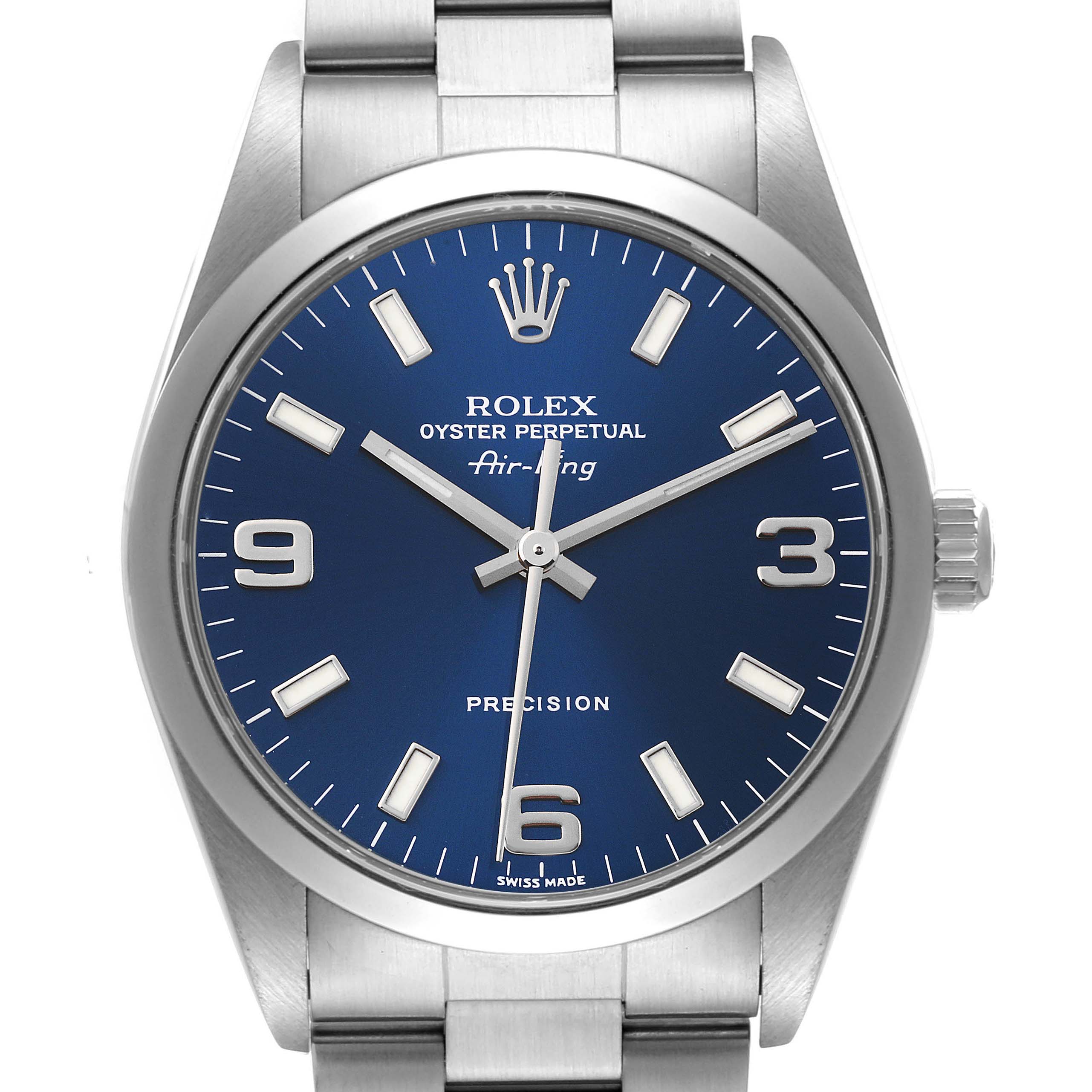 This image shows a frontal view of a Rolex Air-King 14000 Men's Stainless Steel Blue Dial 14000 Men's Stainless Steel Blue Dial watch, highlighting its blue dial and stainless steel bracelet.