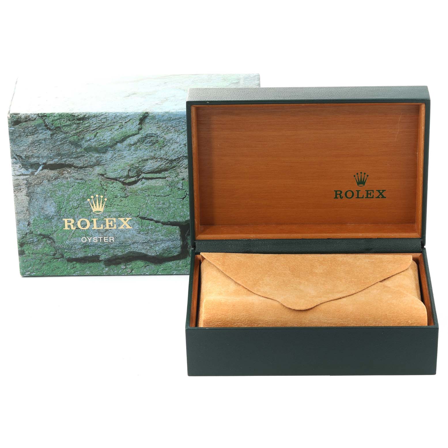 The image shows a Rolex Air-King 14000 Men's Stainless Steel Blue Dial 14000 Men's Stainless Steel Blue Dial watch box at an angle that reveals its lid open, displaying the inner wooden and suede components.