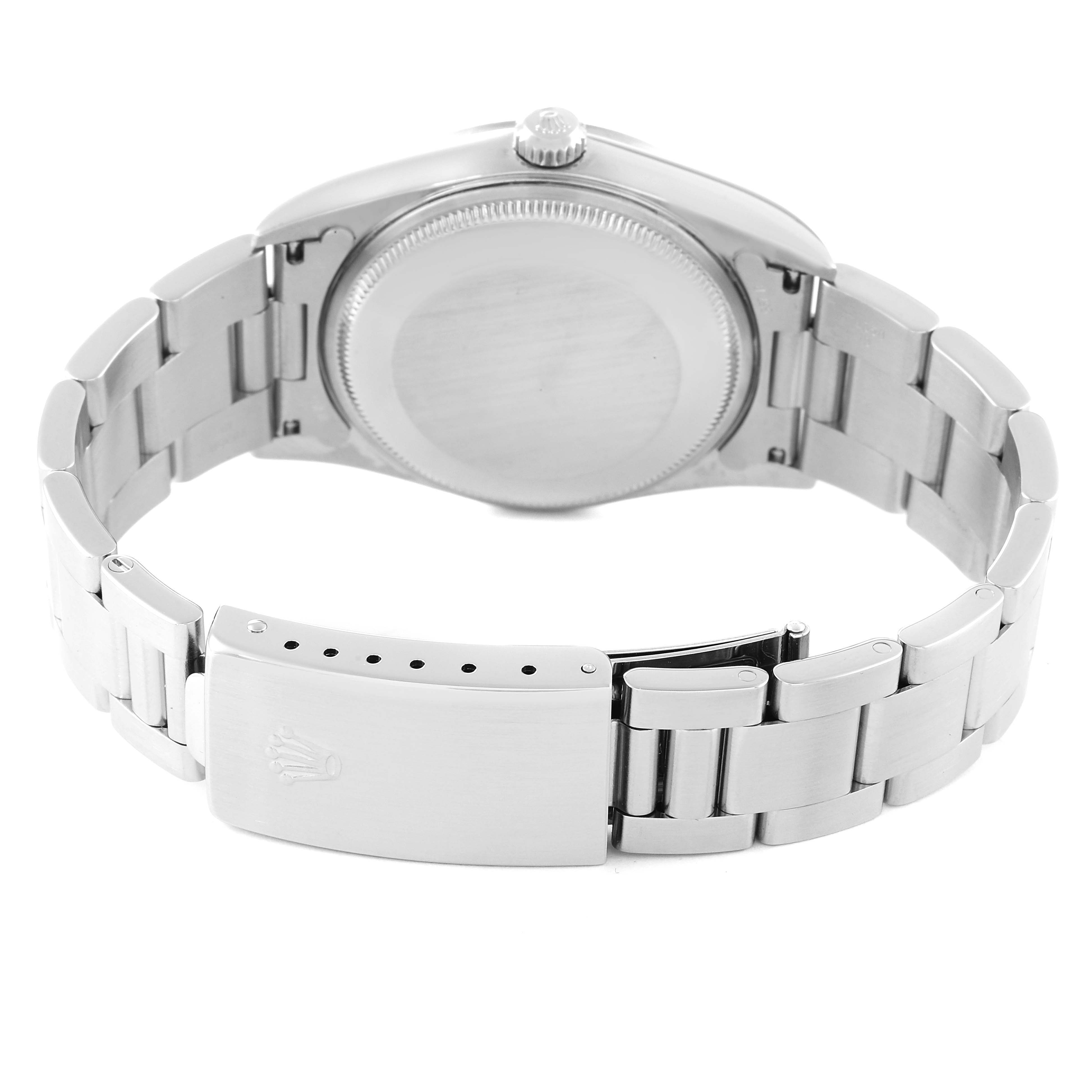 This image shows the case back and bracelet clasp of a Rolex Air-King 14000 Men's Stainless Steel Blue Dial 14000 Men's Stainless Steel Blue Dial watch from a rear angle.