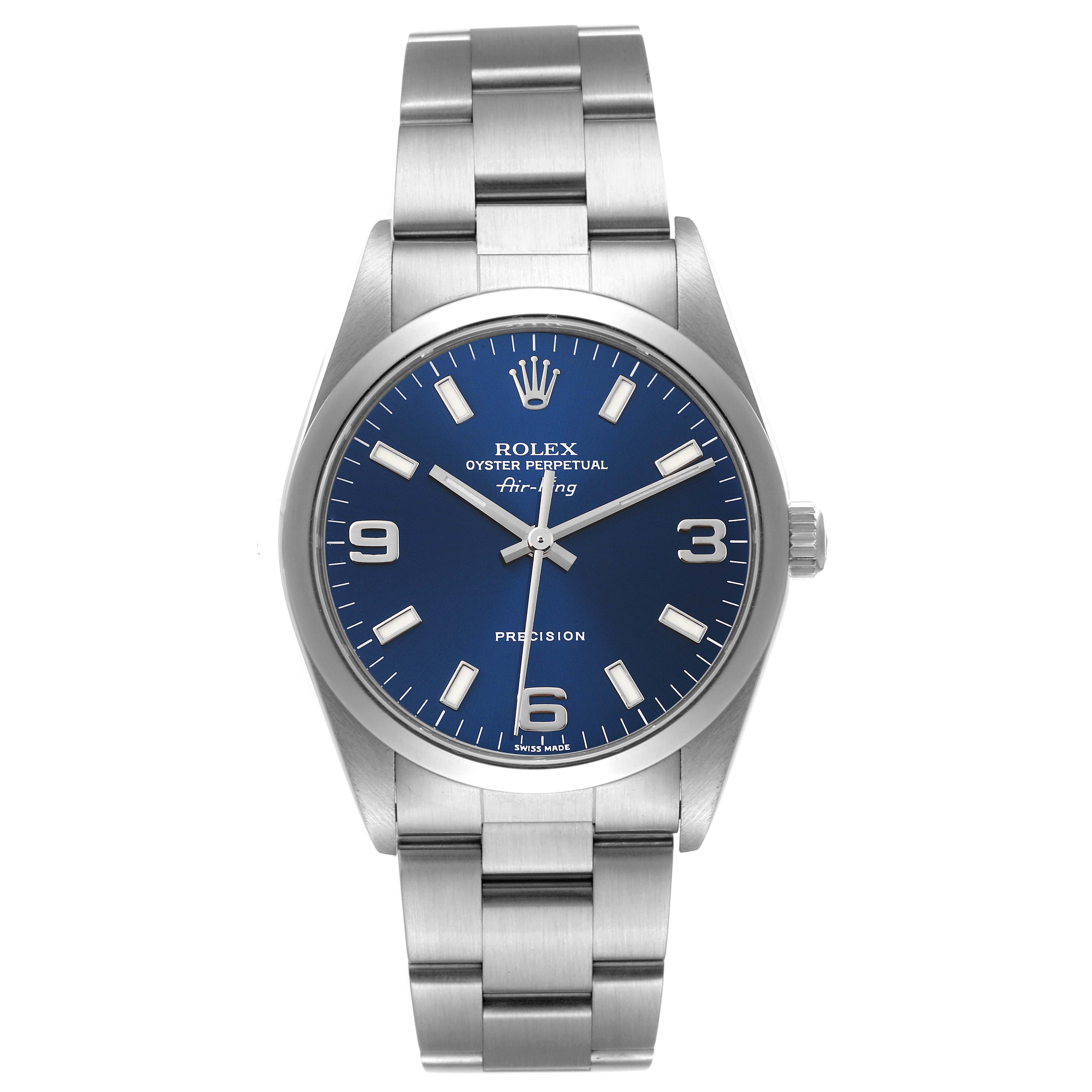 The image shows a front view of a Rolex Air-King 14000 Men's Stainless Steel Blue Dial 14000 Men's Stainless Steel Blue Dial watch, displaying its blue dial, Oyster case, and stainless steel bracelet.