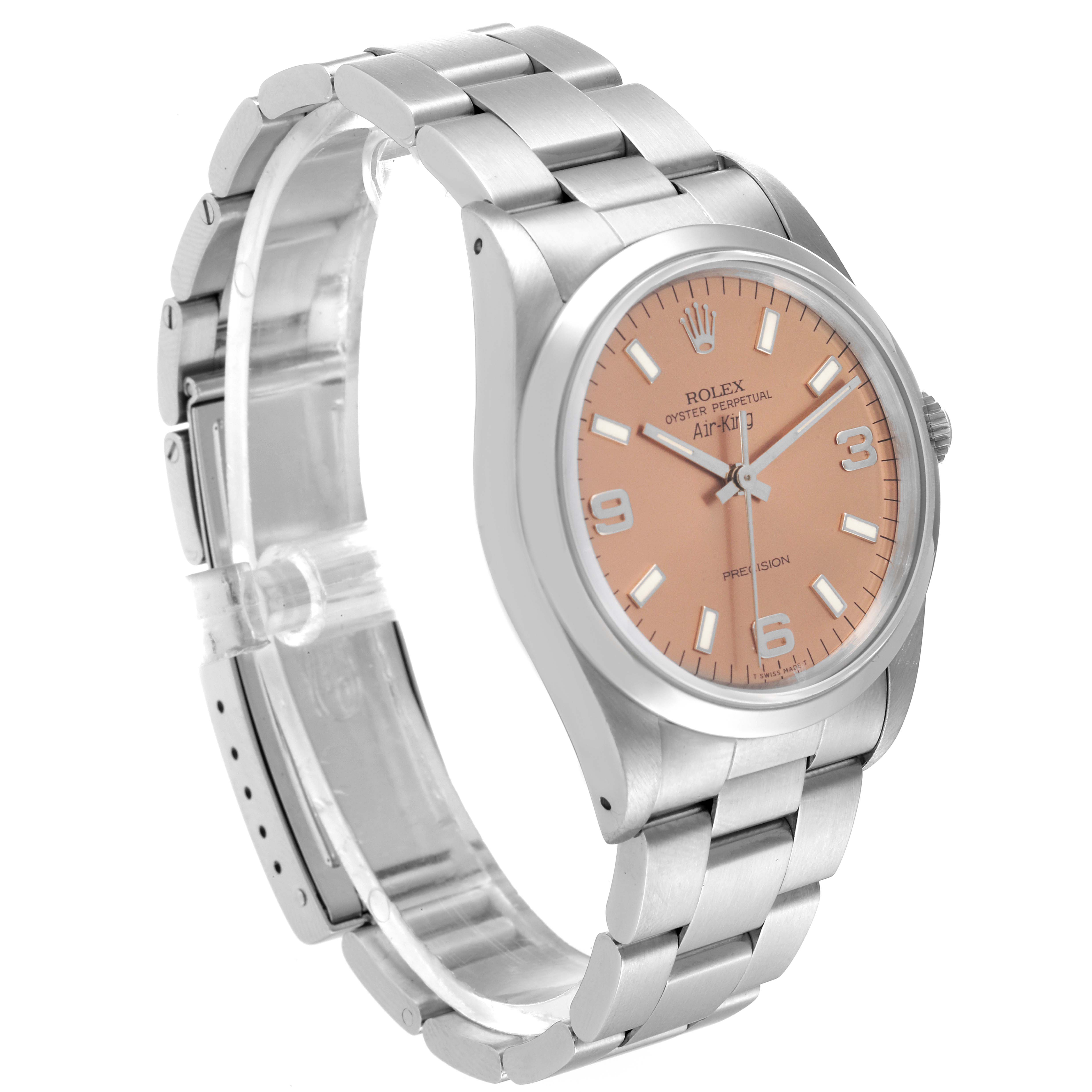 The image shows a Rolex Air-King 14000 Men's Stainless Steel Pink Dial 14000 Men's Stainless Steel Pink Dial watch at an angle, highlighting its face, bezel, bracelet, and clasp.