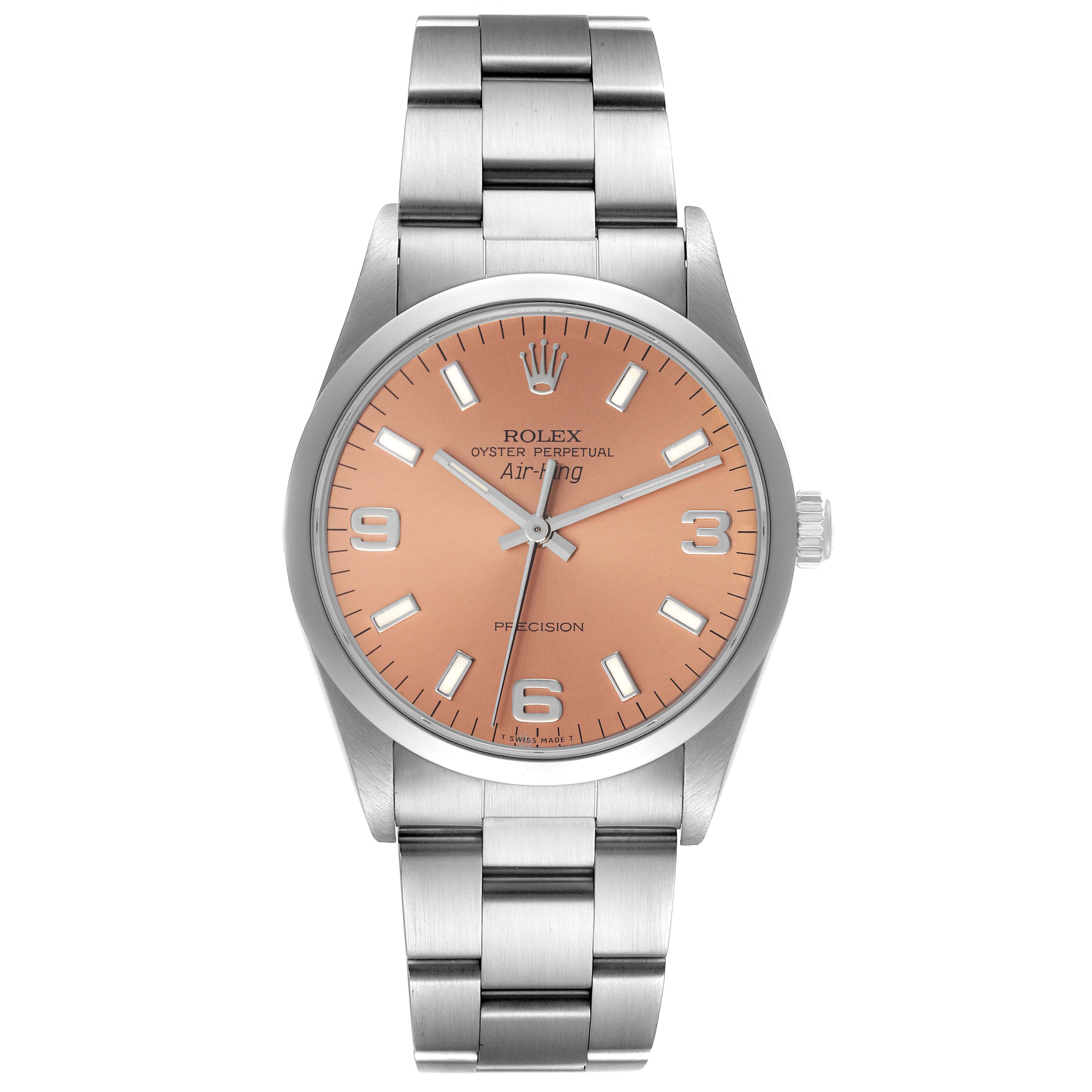 The image shows a Rolex Air-King 14000 Men's Stainless Steel Pink Dial 14000 Men's Stainless Steel Pink Dial watch with a pink dial, silver indices, and a stainless steel bracelet, viewed from the front.