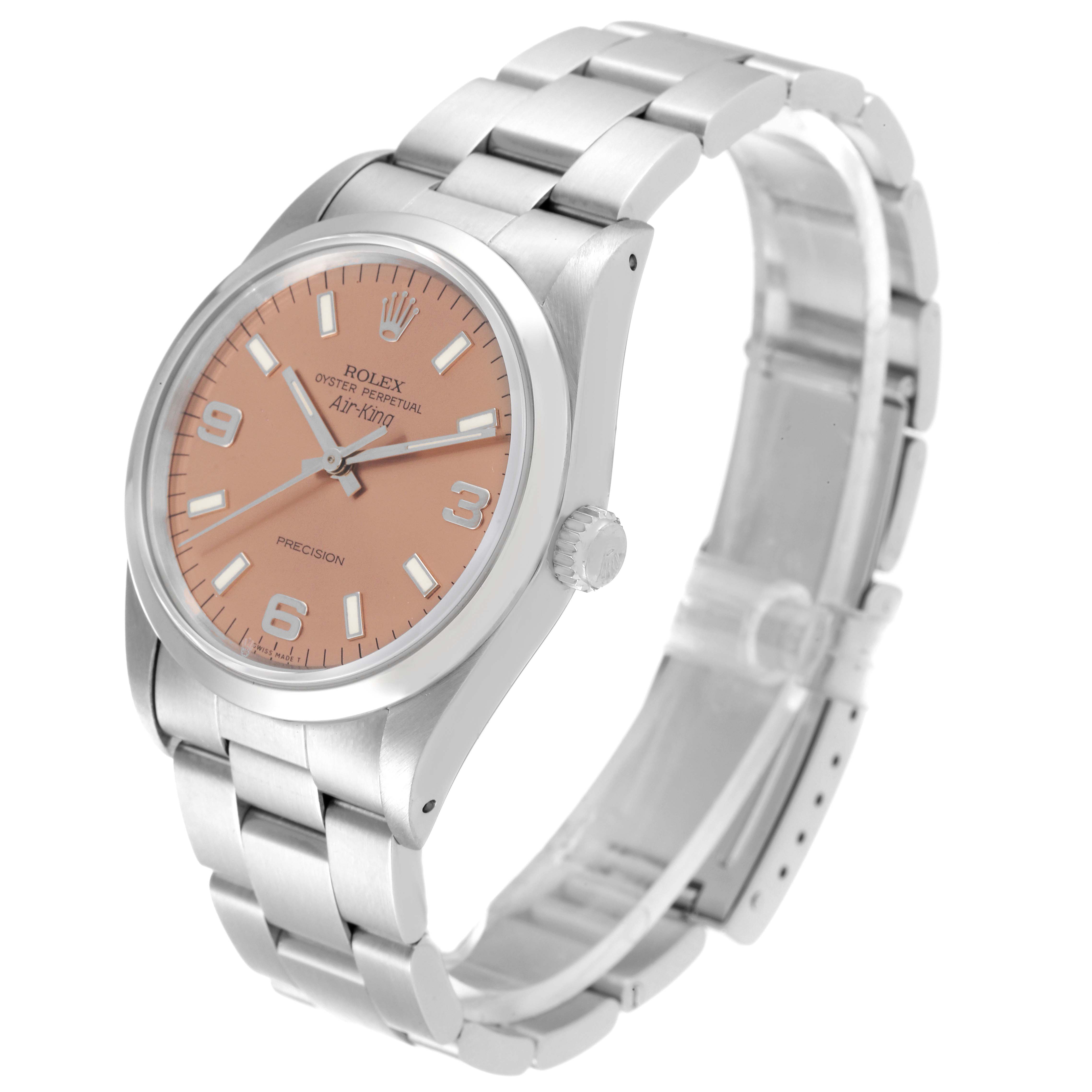 This image shows a Rolex Air-King 14000 Men's Stainless Steel Pink Dial 14000 Men's Stainless Steel Pink Dial watch at a slight left-side angle, featuring the face, bezel, bracelet, and crown.