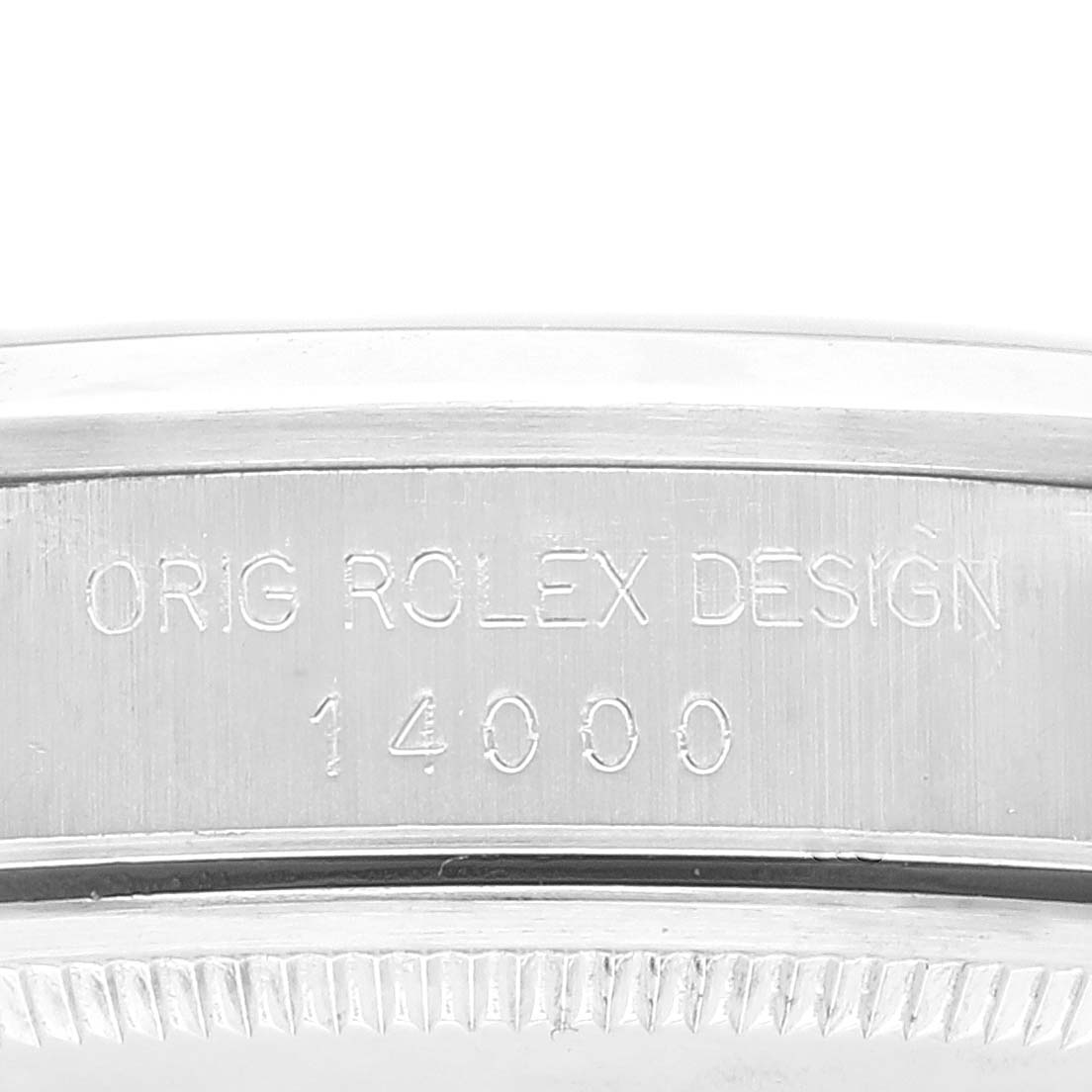 This image shows a close-up side view of the casing of the Rolex Air-King 14000 Men's Stainless Steel Pink Dial 14000 Men's Stainless Steel Pink Dial model, displaying "ORIG ROLEX DESIGN" and the model number 14000.