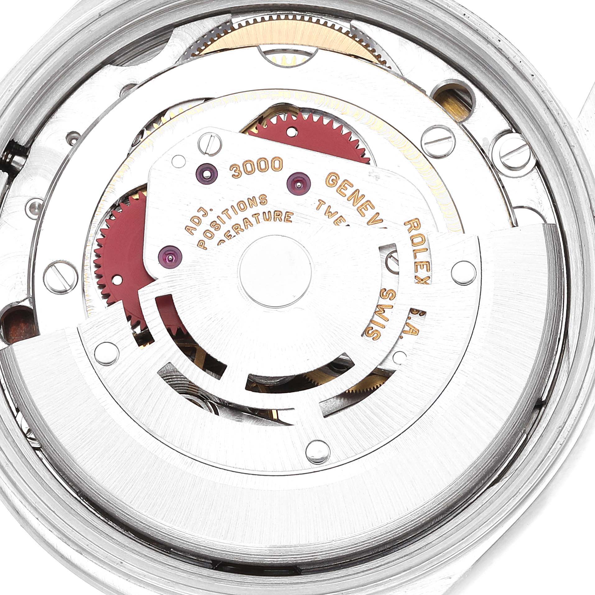 This image shows a close-up view of the internal movement mechanism of a Rolex Air-King 14000 Men's Stainless Steel Pink Dial 14000 Men's Stainless Steel Pink Dial watch, highlighting gears and engravings.