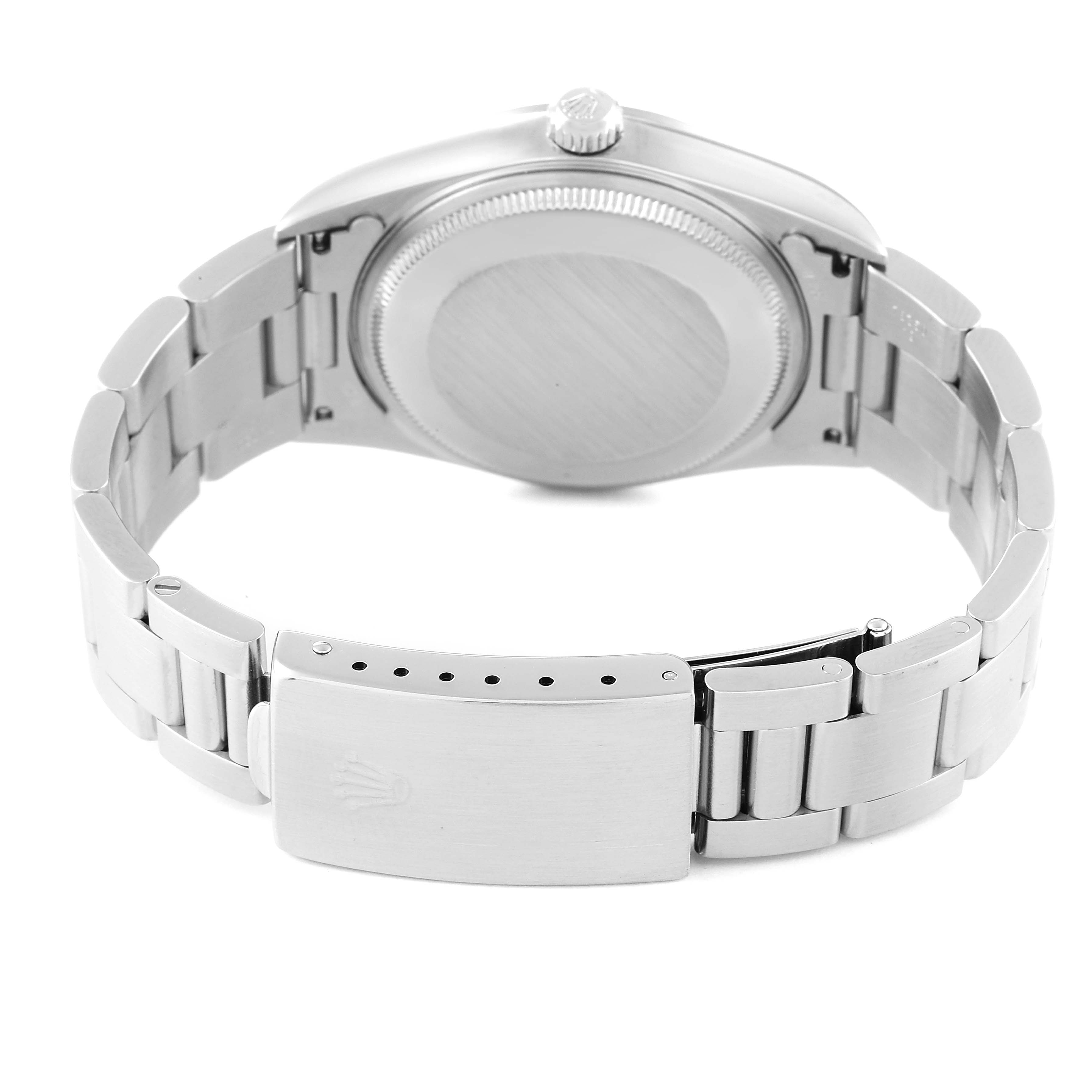 This image shows the back case and bracelet clasp of a Rolex Air-King 14000 Men's Stainless Steel Silver Dial 14000 Men's Stainless Steel Silver Dial watch from a reverse angle.