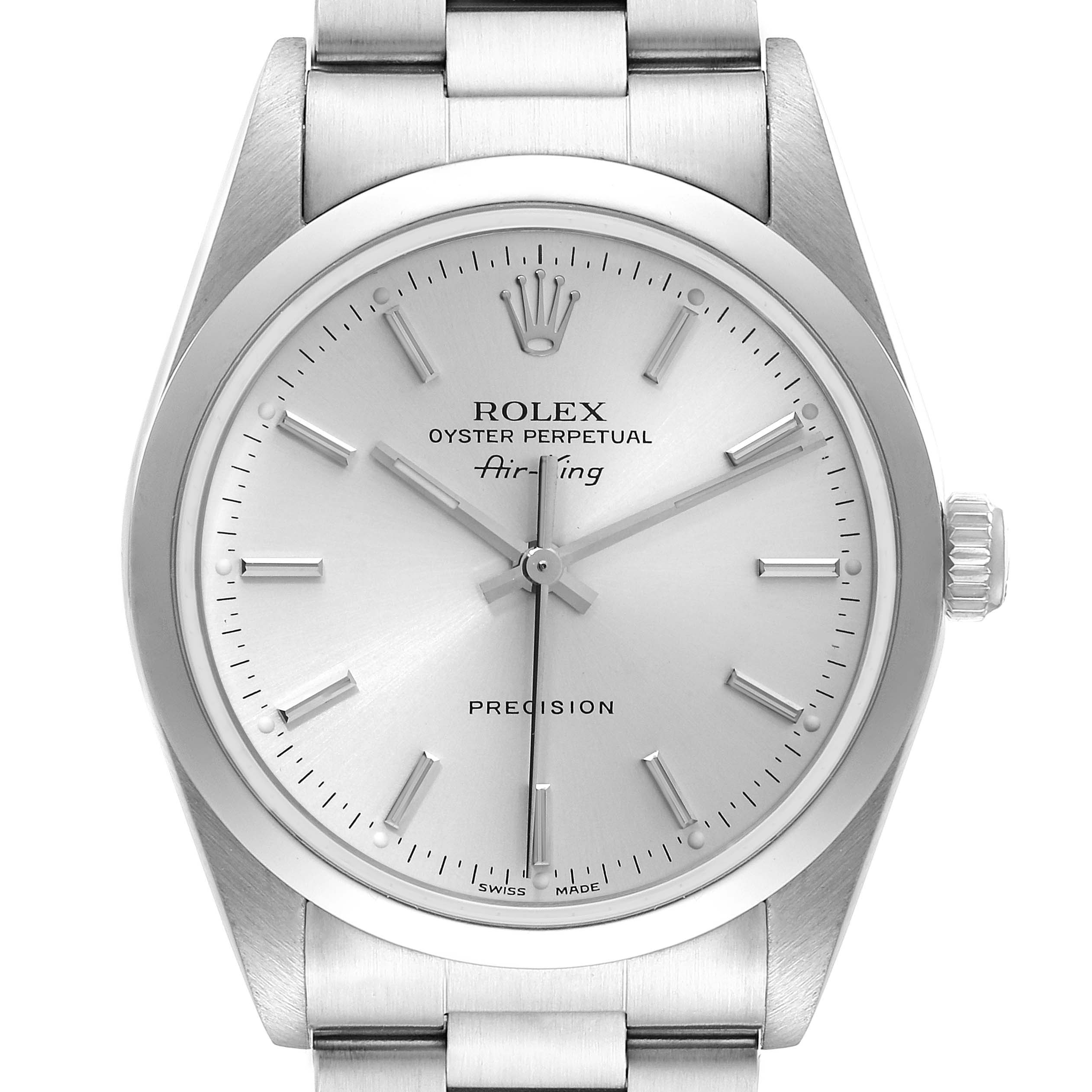 The image shows a Rolex Air-King 14000 Men's Stainless Steel Silver Dial 14000 Men's Stainless Steel Silver Dial watch from a top-down angle, highlighting the dial, hands, crown, and part of the bracelet.