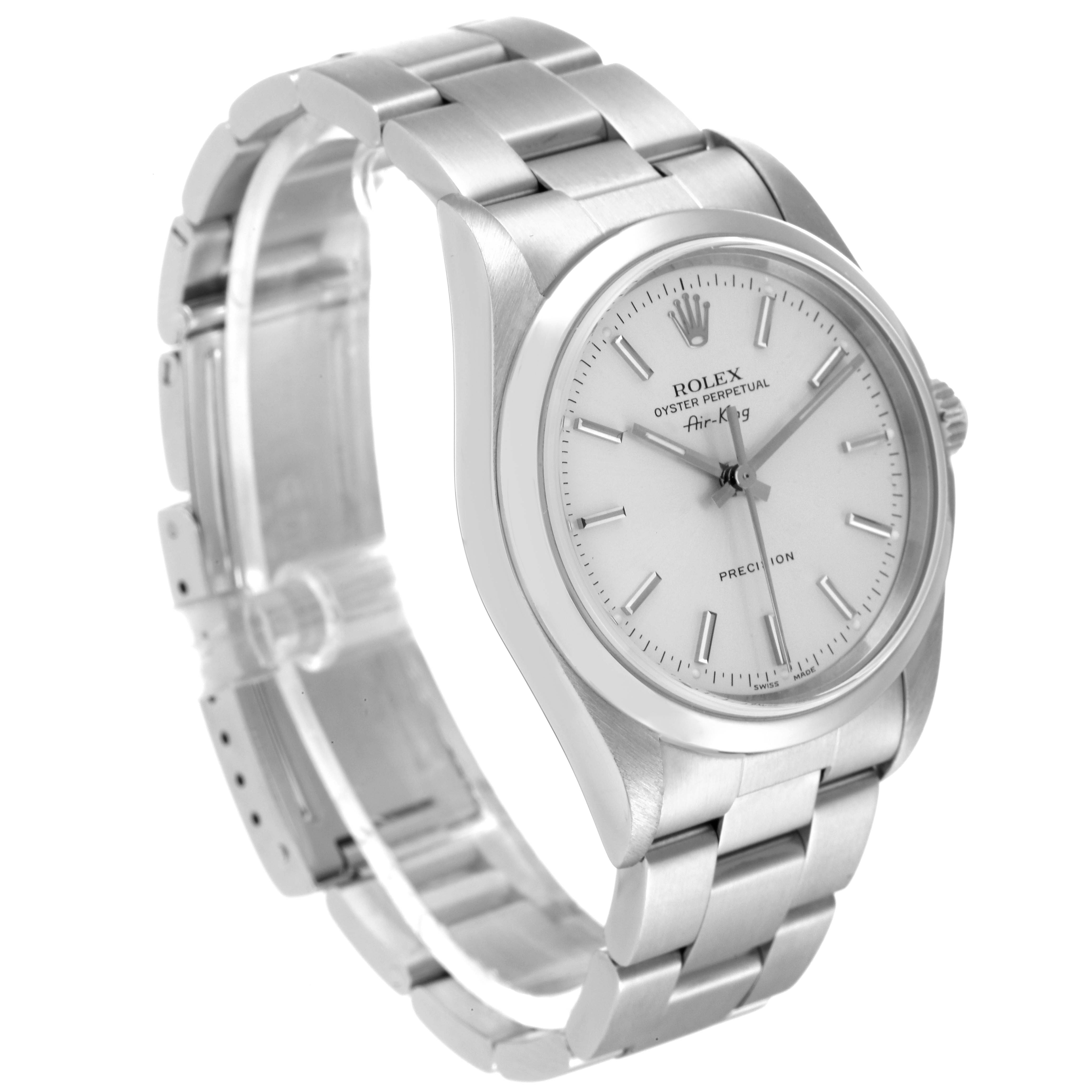 The Rolex Air-King 14000 Men's Stainless Steel Silver Dial 14000 Men's Stainless Steel Silver Dial watch is shown at an angle, displaying its face, bezel, case, and bracelet.