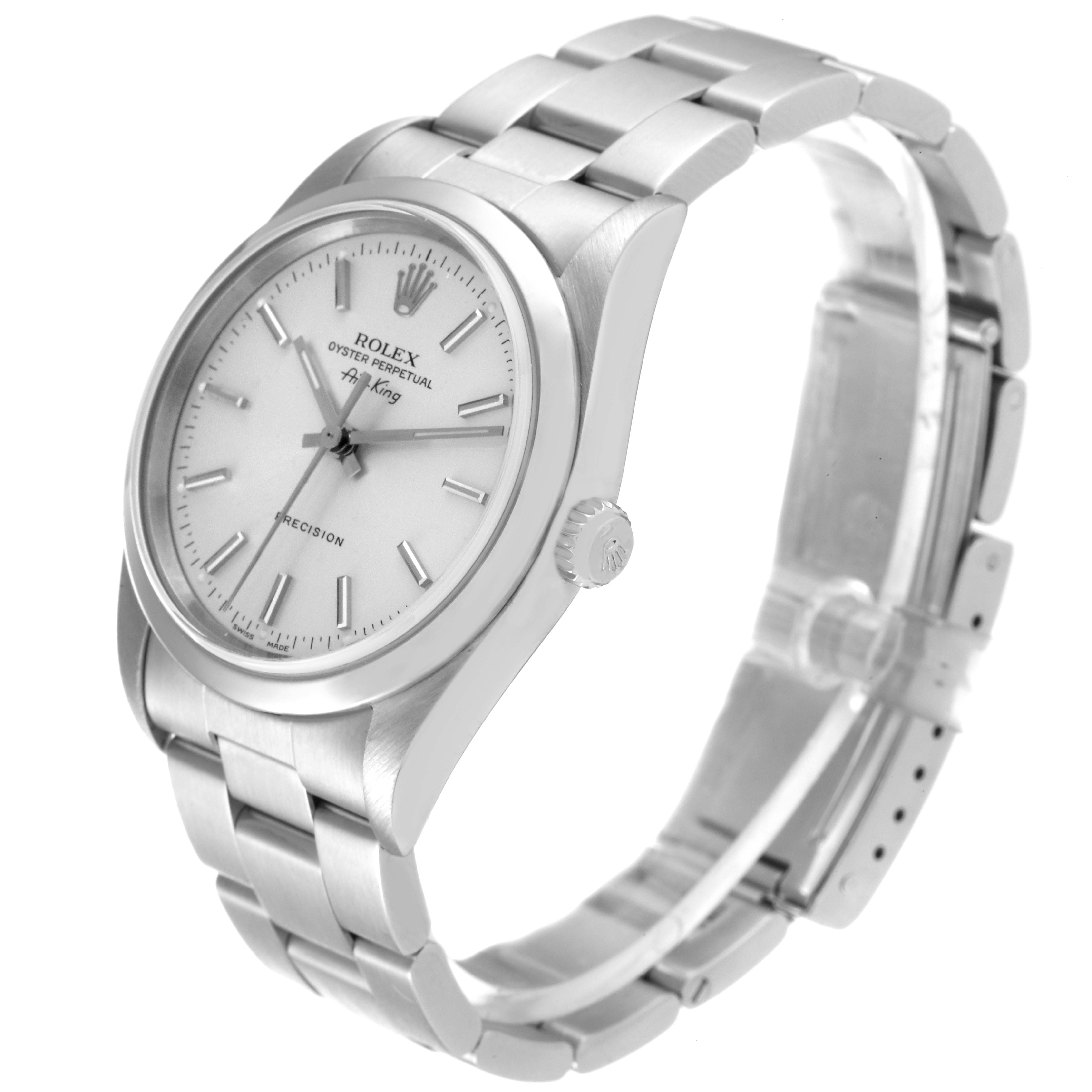 The image shows a Rolex Air-King 14000 Men's Stainless Steel Silver Dial 14000 Men's Stainless Steel Silver Dial watch at a 3/4 angle highlighting the face, bezel, crown, and bracelet.