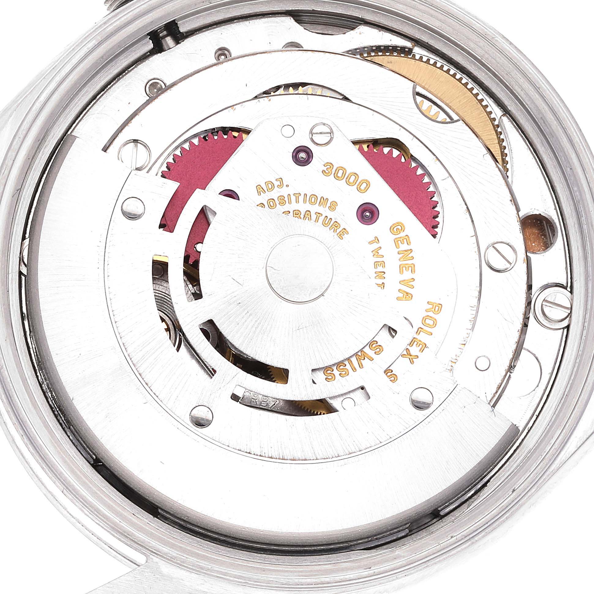 This image shows the internal movement mechanism of the Rolex Air-King 14000 Men's Stainless Steel Silver Dial 14000 Men's Stainless Steel Silver Dial watch, viewed from the back.