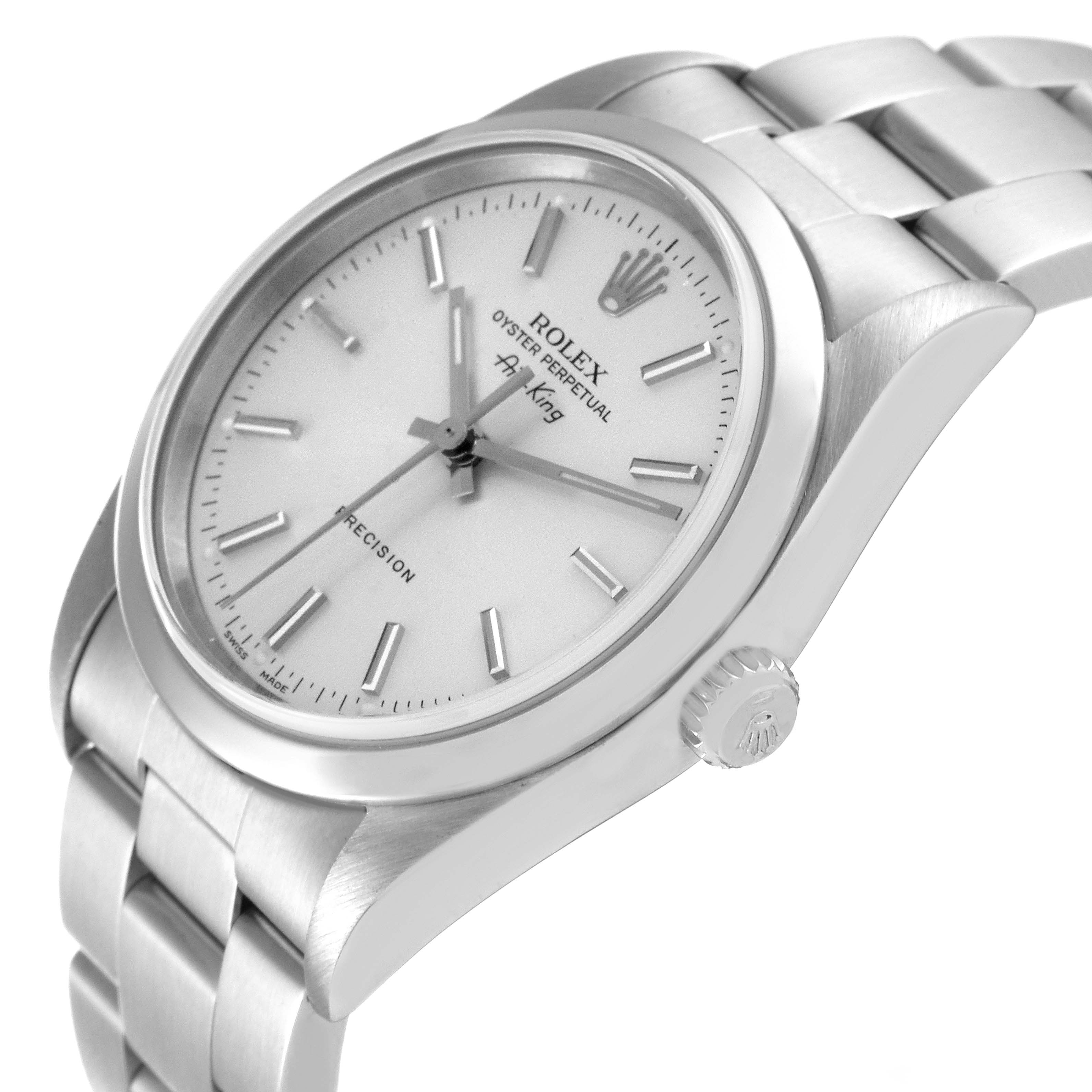 This image shows a side-angle view of a Rolex Air-King 14000 Men's Stainless Steel Silver Dial 14000 Men's Stainless Steel Silver Dial, featuring the dial, case, bracelet, and crown.