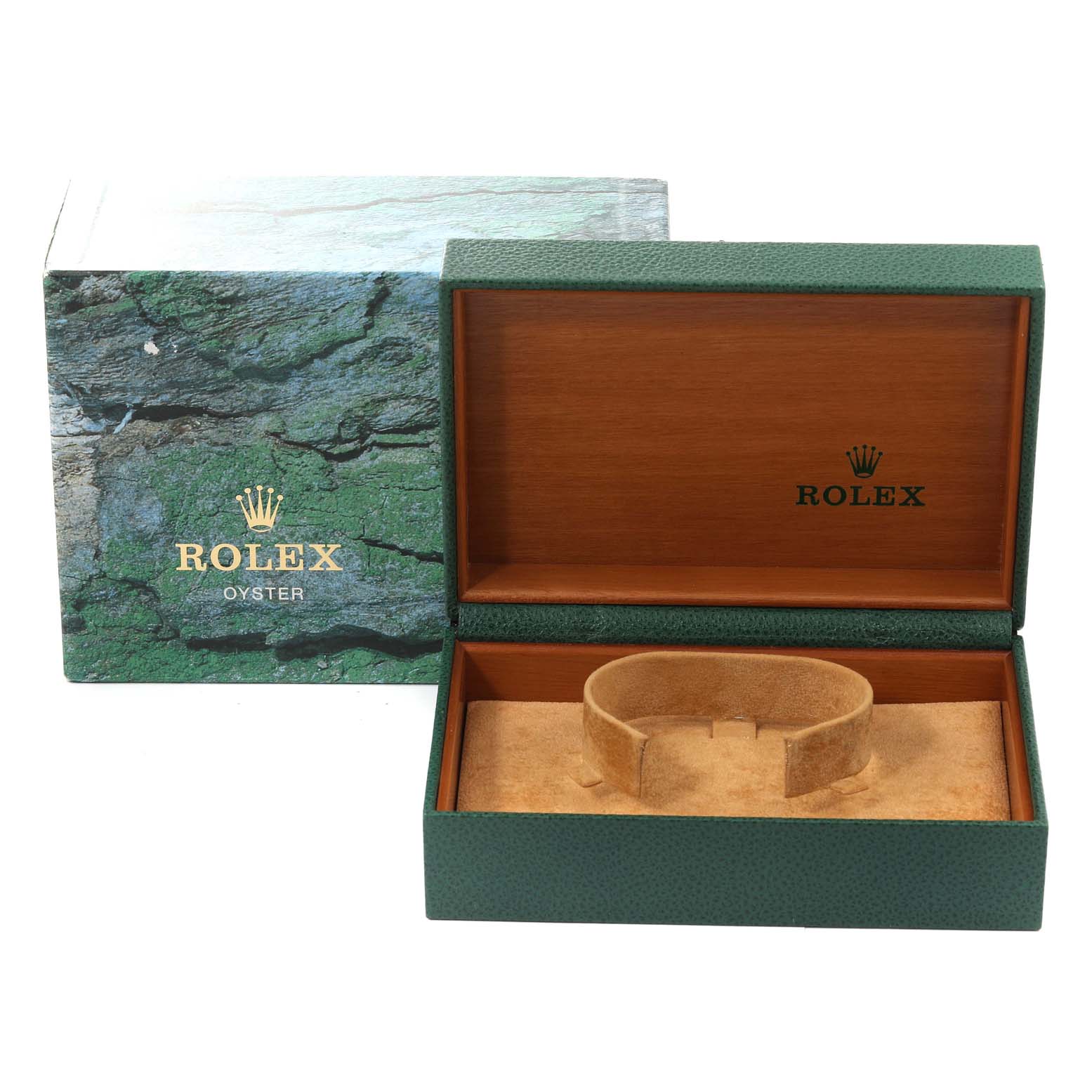 This image shows the packaging of a Rolex Air-King 14000 Men's Stainless Steel Silver Dial 14000 Men's Stainless Steel Silver Dial watch, including an open green box with padding and a textured outer box.