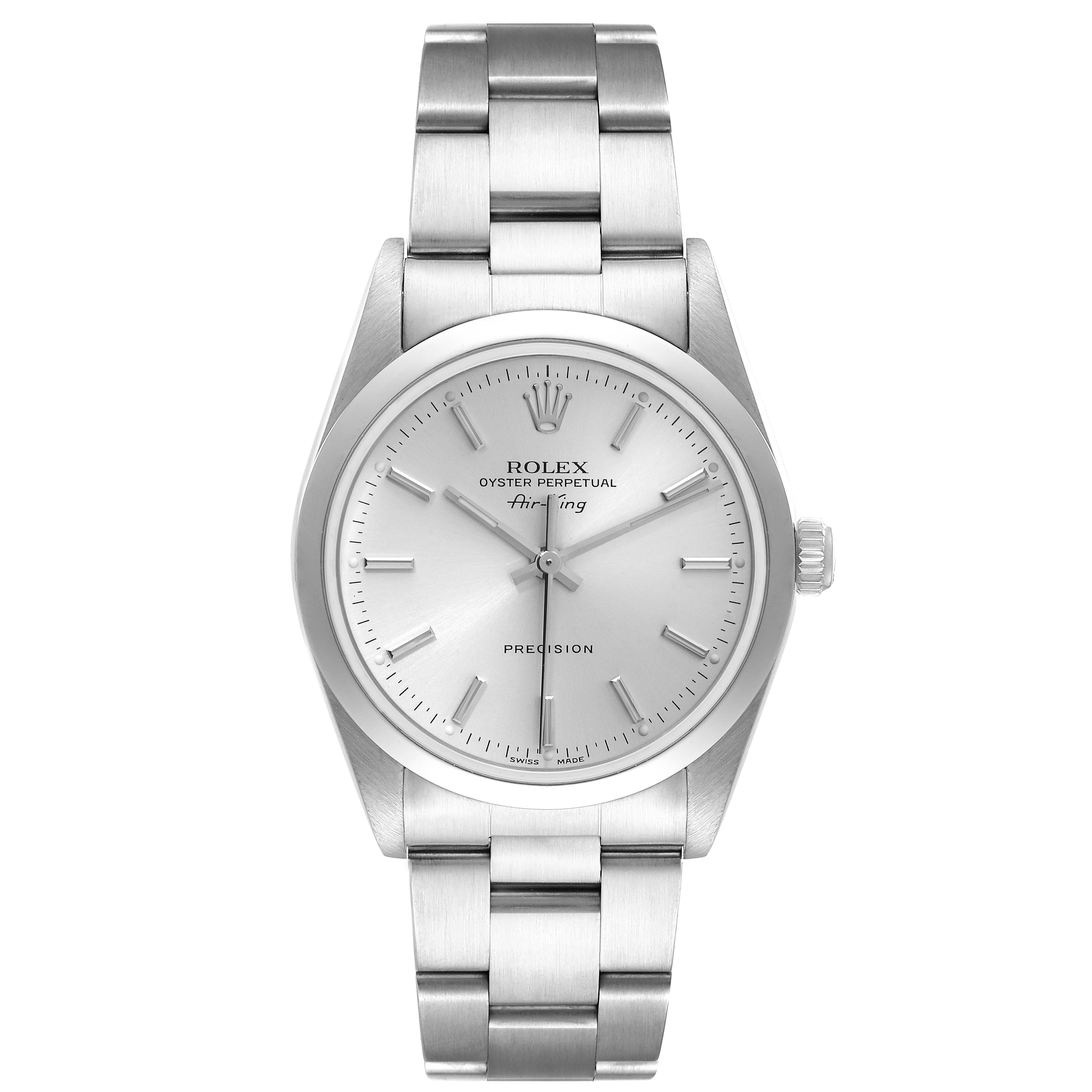 This image shows a front view of a Rolex Air-King 14000 Men's Stainless Steel Silver Dial 14000 Men's Stainless Steel Silver Dial watch, highlighting its face, dial, case, and bracelet.