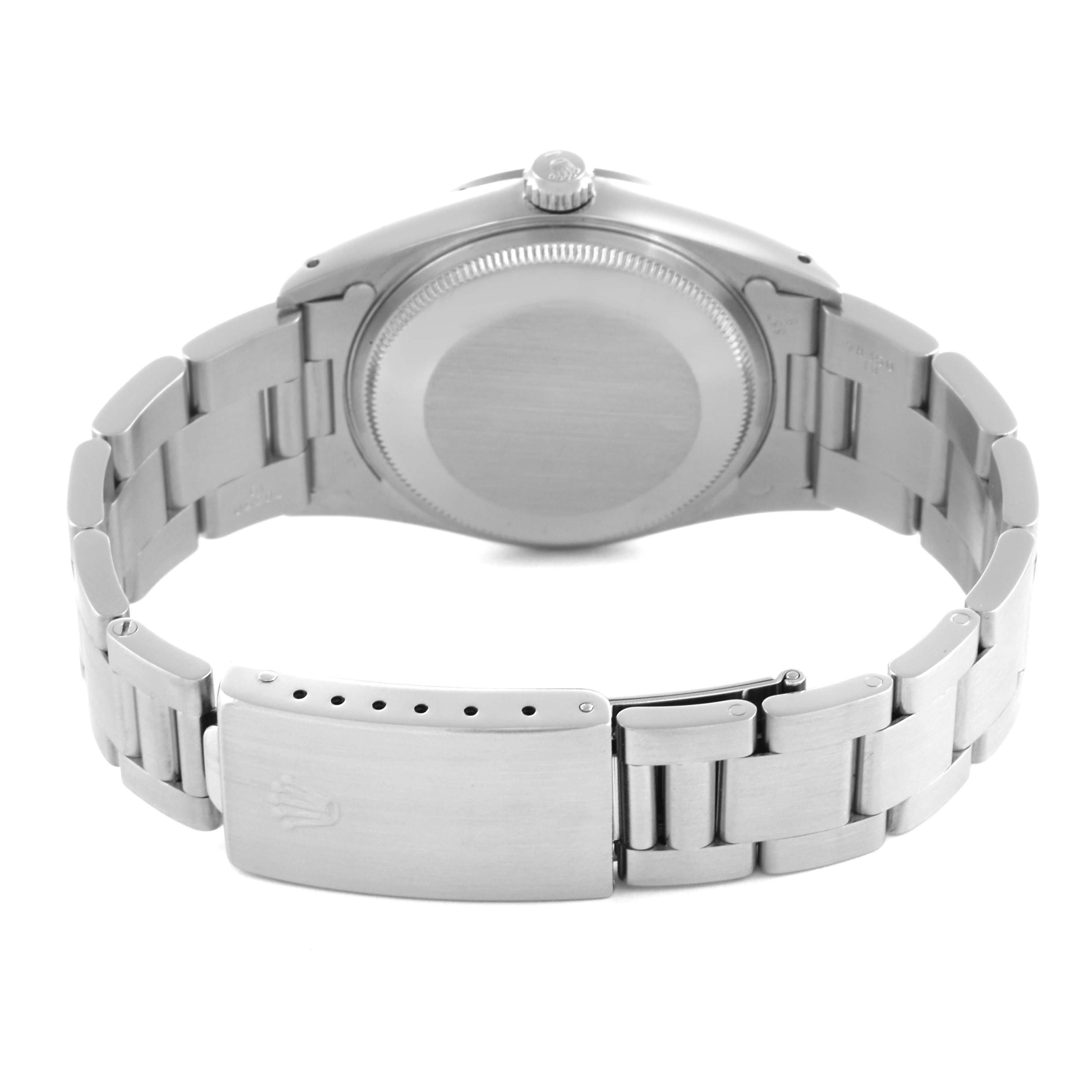 The image shows the back and bracelet of a Rolex Air-King 14000M Men's Stainless Steel Black Dial 14000M Men's Stainless Steel Black Dial watch, including the clasp and case back.