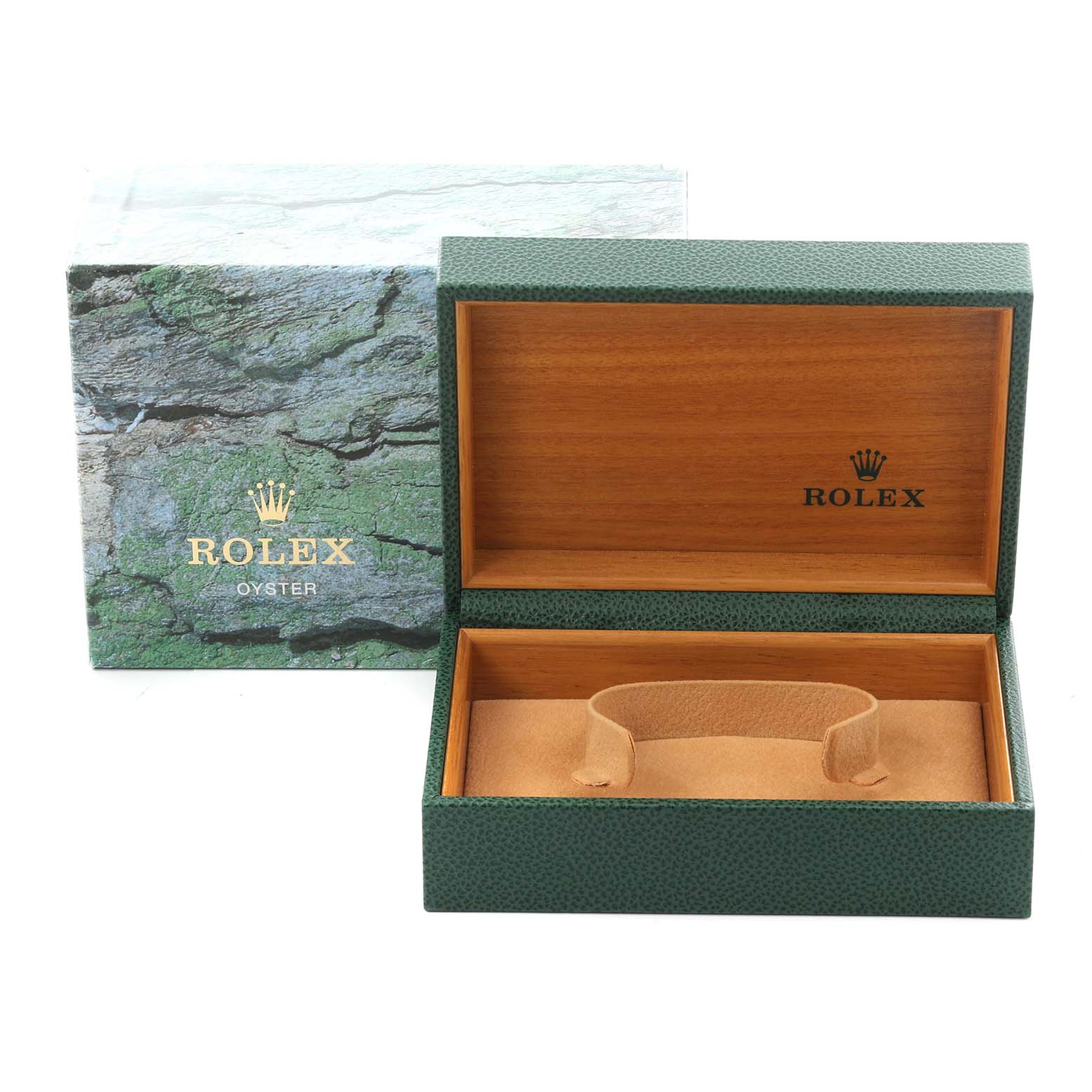 The image shows an open Rolex Air-King 14000M Men's Stainless Steel Black Dial 14000M Men's Stainless Steel Black Dial watch box with the outer box, featuring a wood and green textured design.