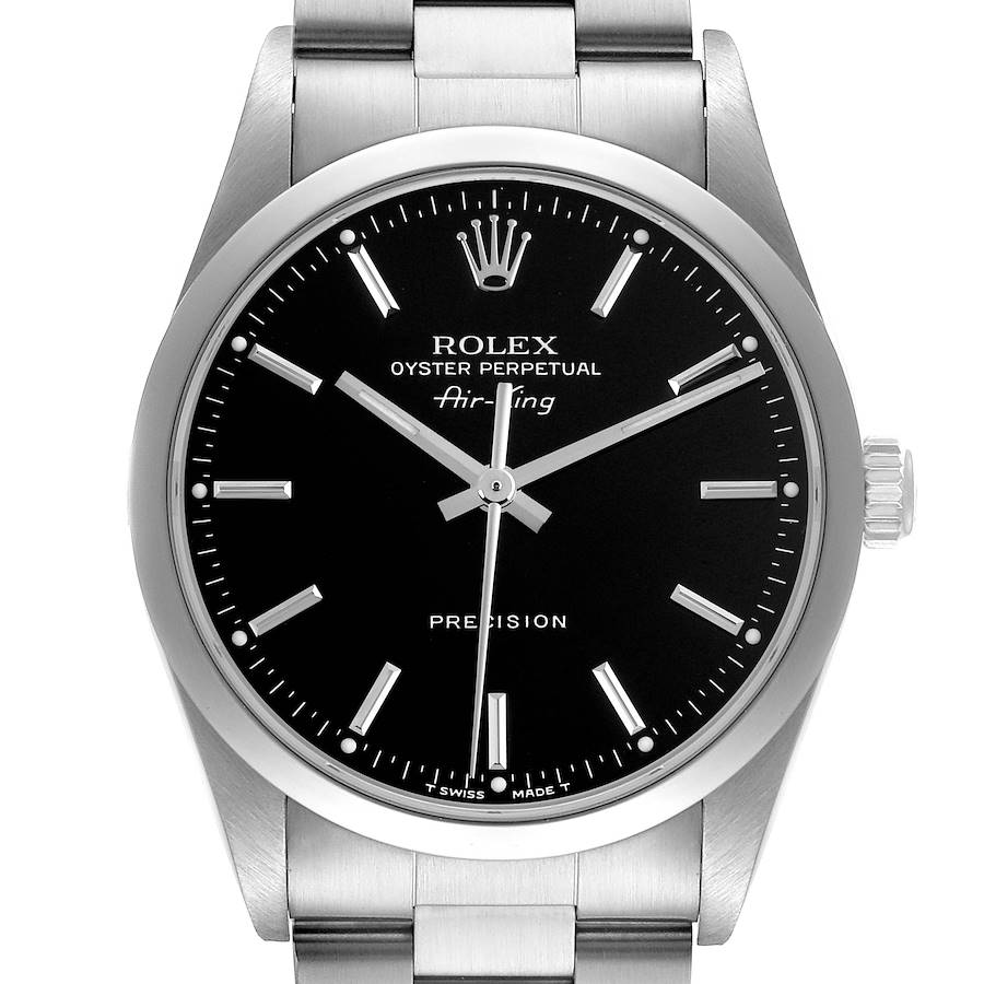 The Rolex Air-King watch is shown from the front, displaying the dial, bezel, crown, and part of the bracelet.