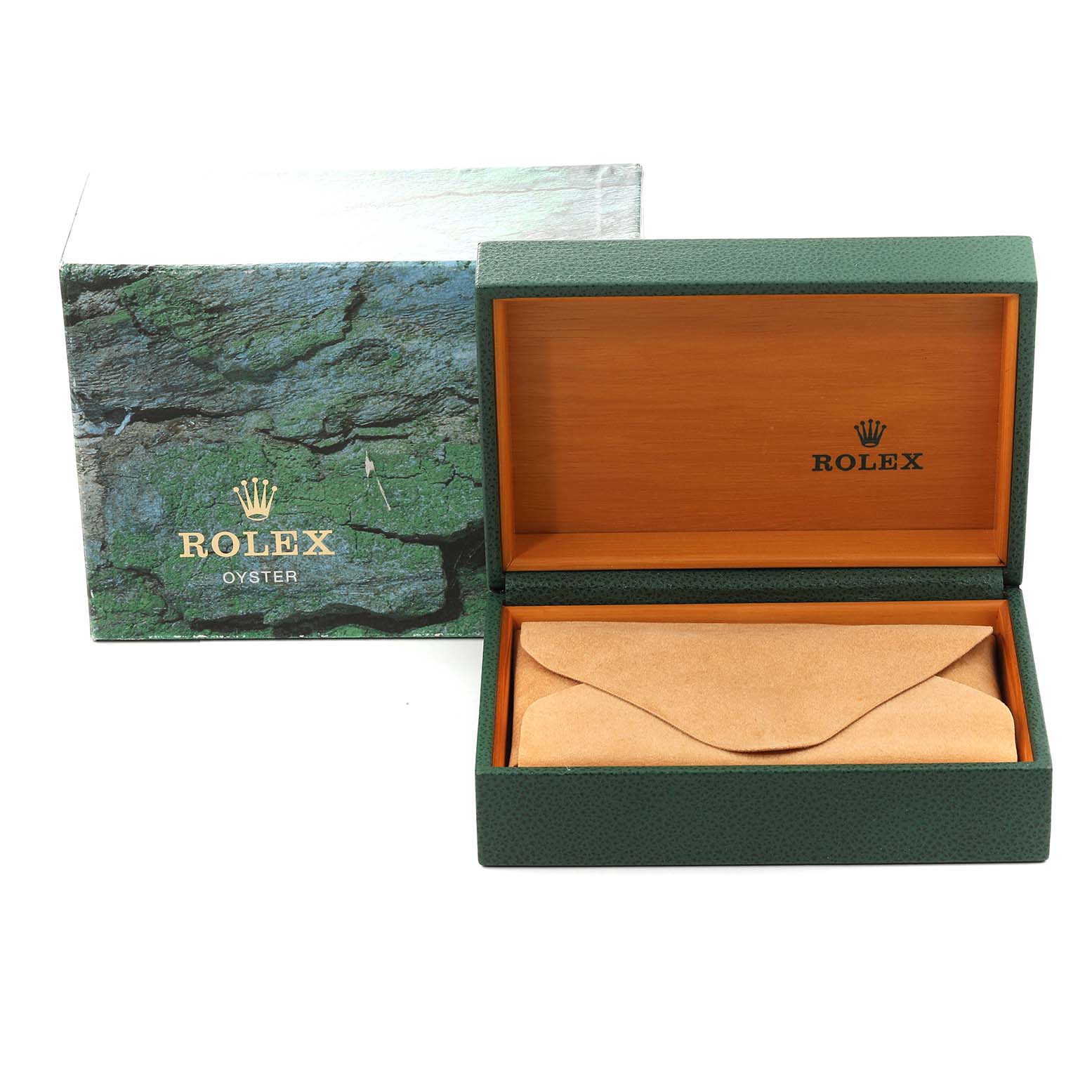 This image shows an open Rolex Air-King 14010M Men's Stainless Steel Black Dial 14010M Men's Stainless Steel Black Dial watch box and outer packaging, displaying only the empty interior and pouch.