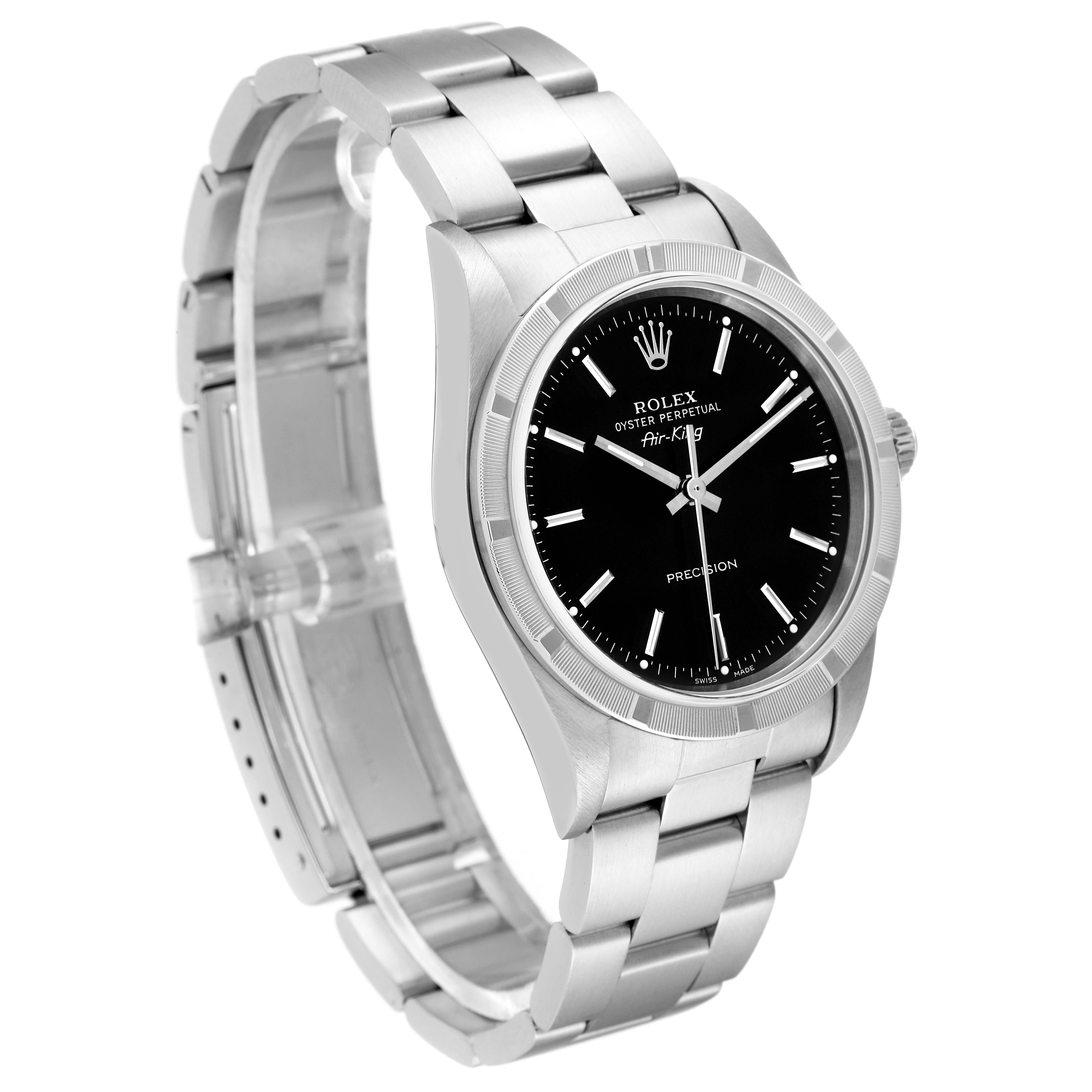 This image shows a Rolex Air-King 14010M Men's Stainless Steel Black Dial 14010M Men's Stainless Steel Black Dial watch at a three-quarter angle, displaying the face, bezel, and bracelet.