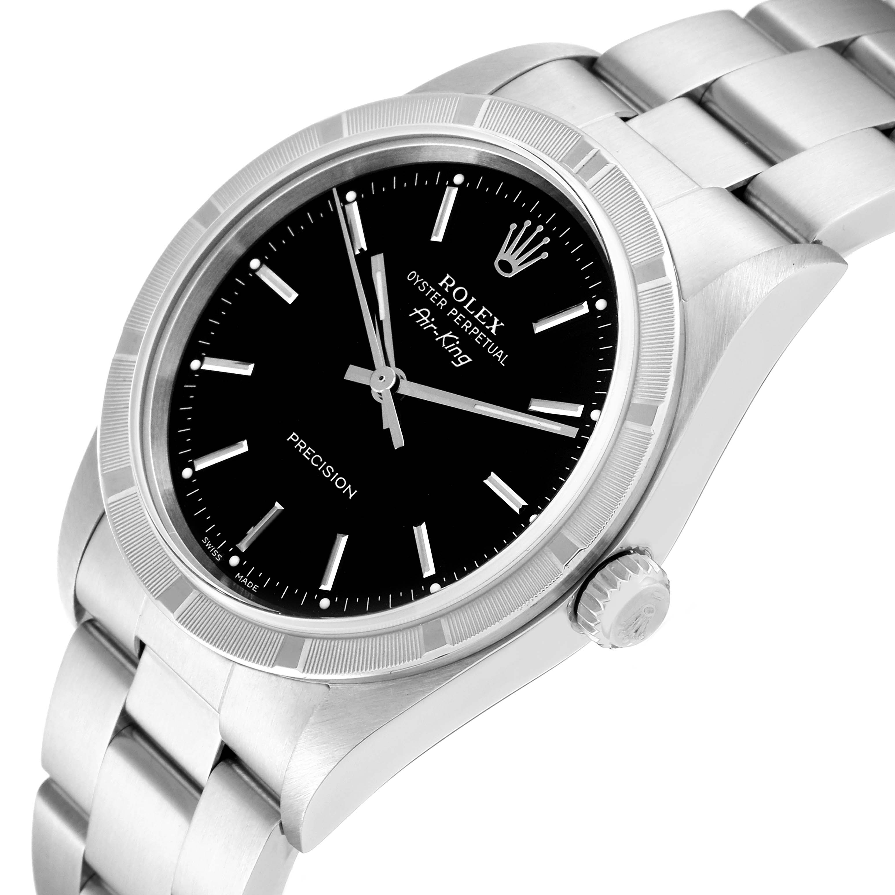 The image shows a Rolex Air-King 14010M Men's Stainless Steel Black Dial 14010M Men's Stainless Steel Black Dial watch at a three-quarter angle, displaying the full face, crown, and part of the bracelet.