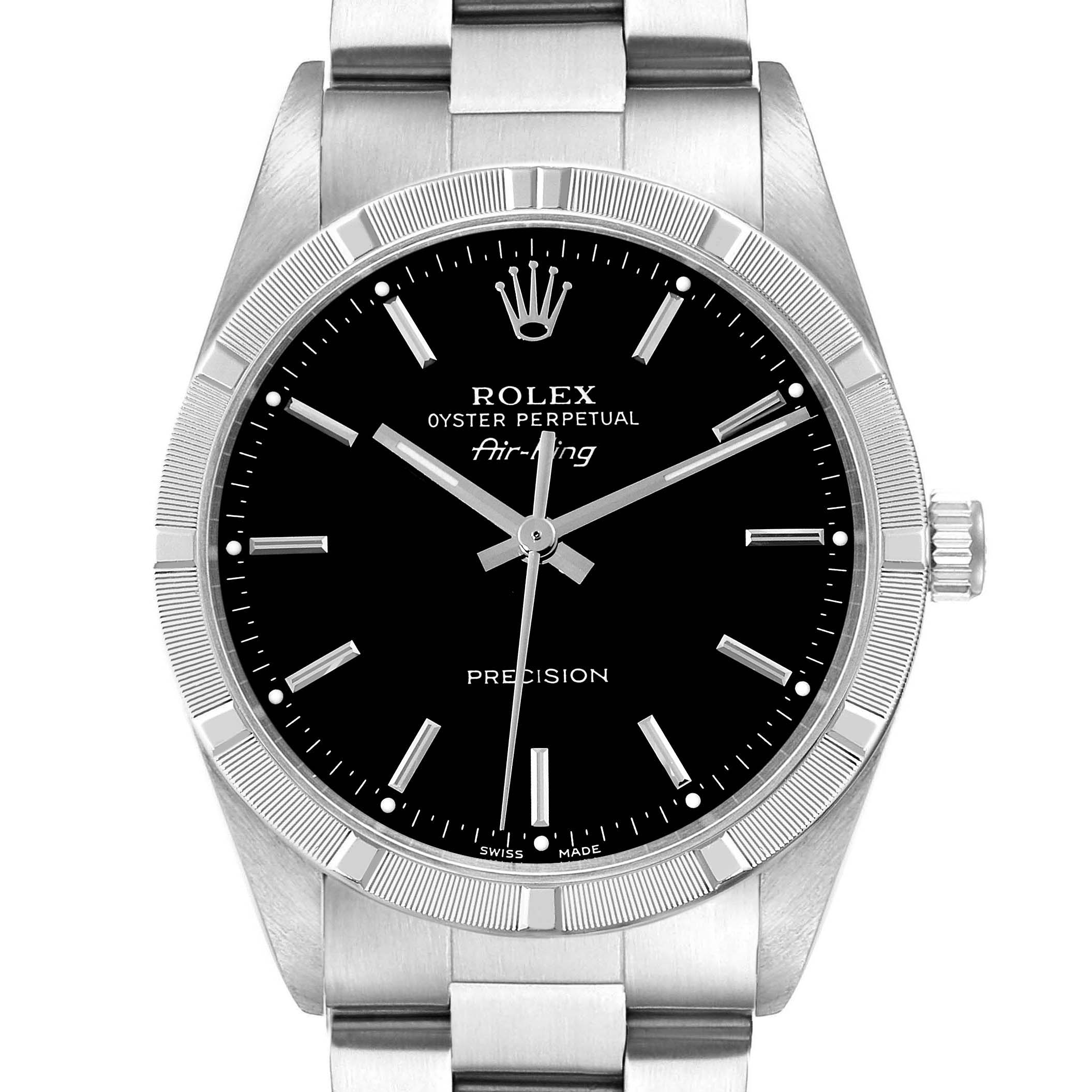 The image shows a Rolex Air-King 14010M Men's Stainless Steel Black Dial 14010M Men's Stainless Steel Black Dial watch from a frontal angle, highlighting its black dial, silver hands, and metal bracelet.