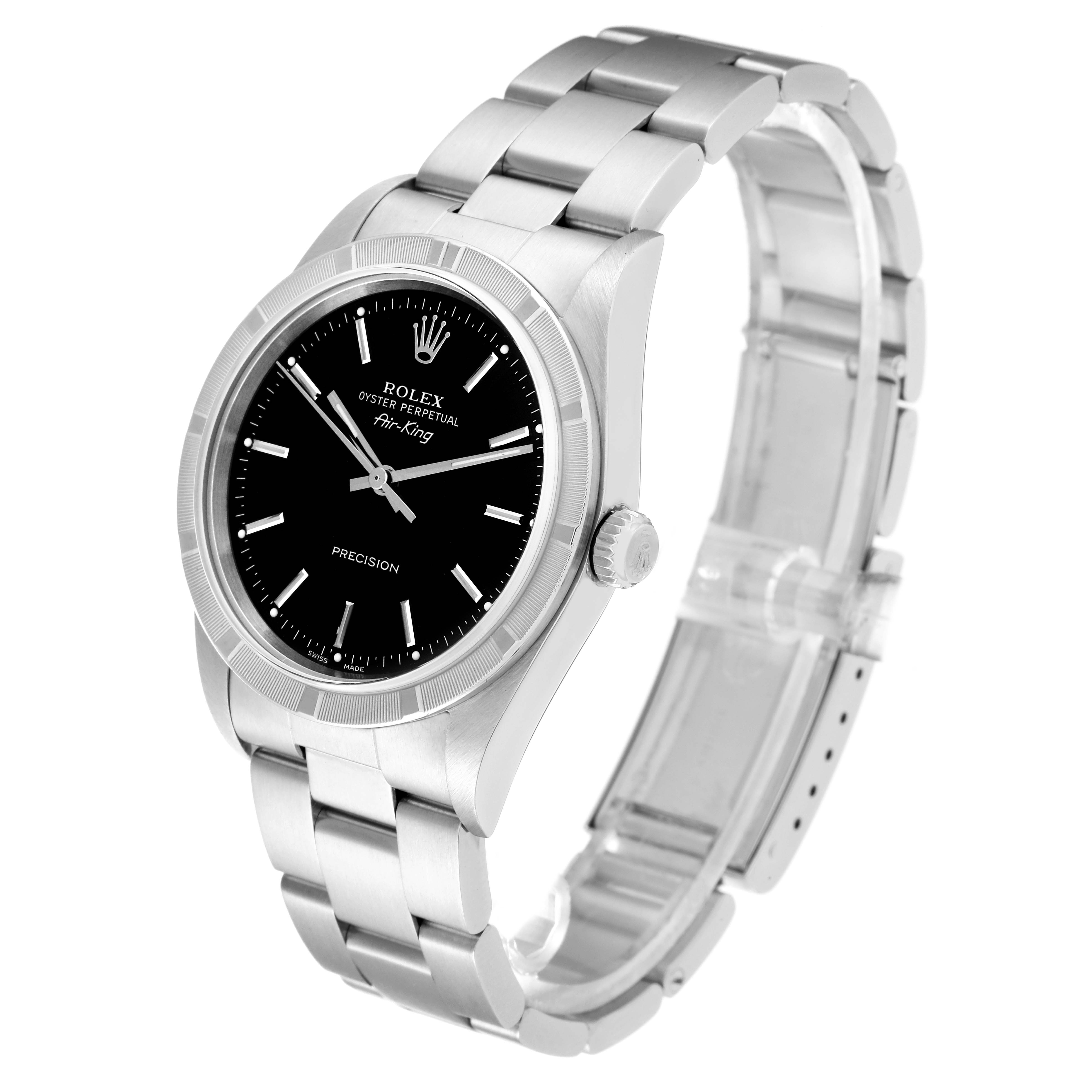 The image shows a Rolex Air-King 14010M Men's Stainless Steel Black Dial 14010M Men's Stainless Steel Black Dial watch at a three-quarter angle, displaying the watch face, bezel, and bracelet.