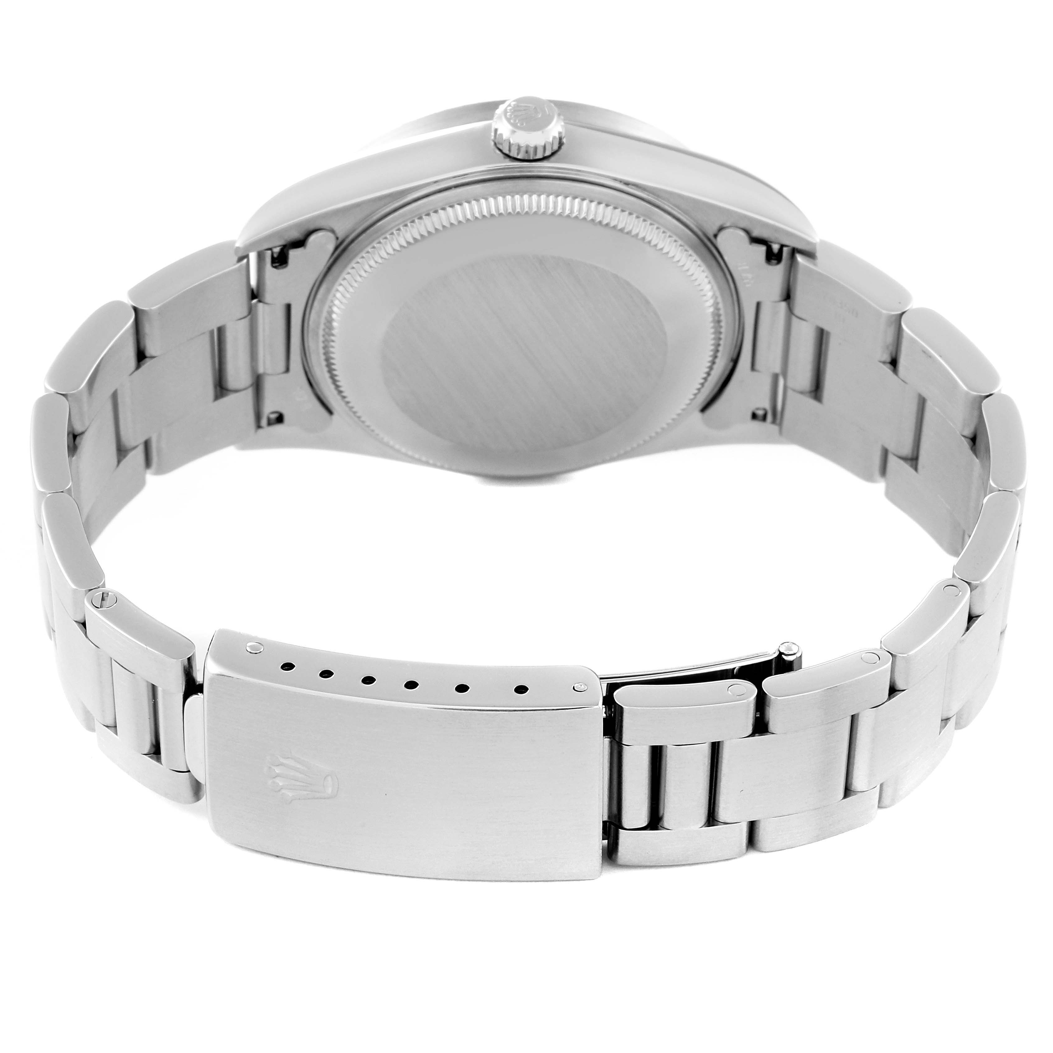 This image shows the back view of the Rolex Air-King 14010M Men's Stainless Steel Black Dial 14010M Men's Stainless Steel Black Dial watch, featuring its clasp, bracelet, and case back.