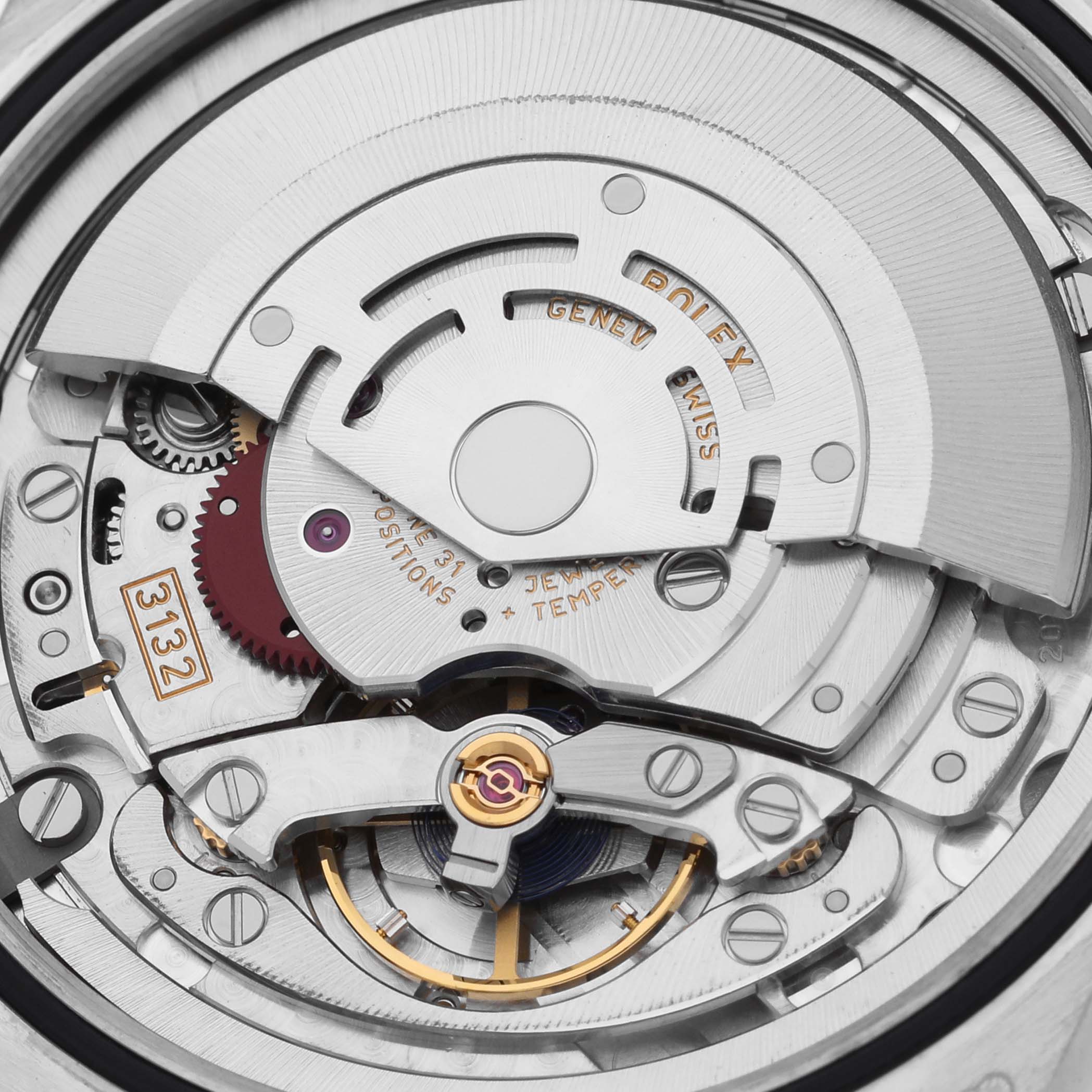 The image shows a close-up view of the movement mechanism of a Rolex Cellini 50509 Men's White Gold White Dial 50509 Men's White Gold White Dial watch, showcasing gears and intricate components.