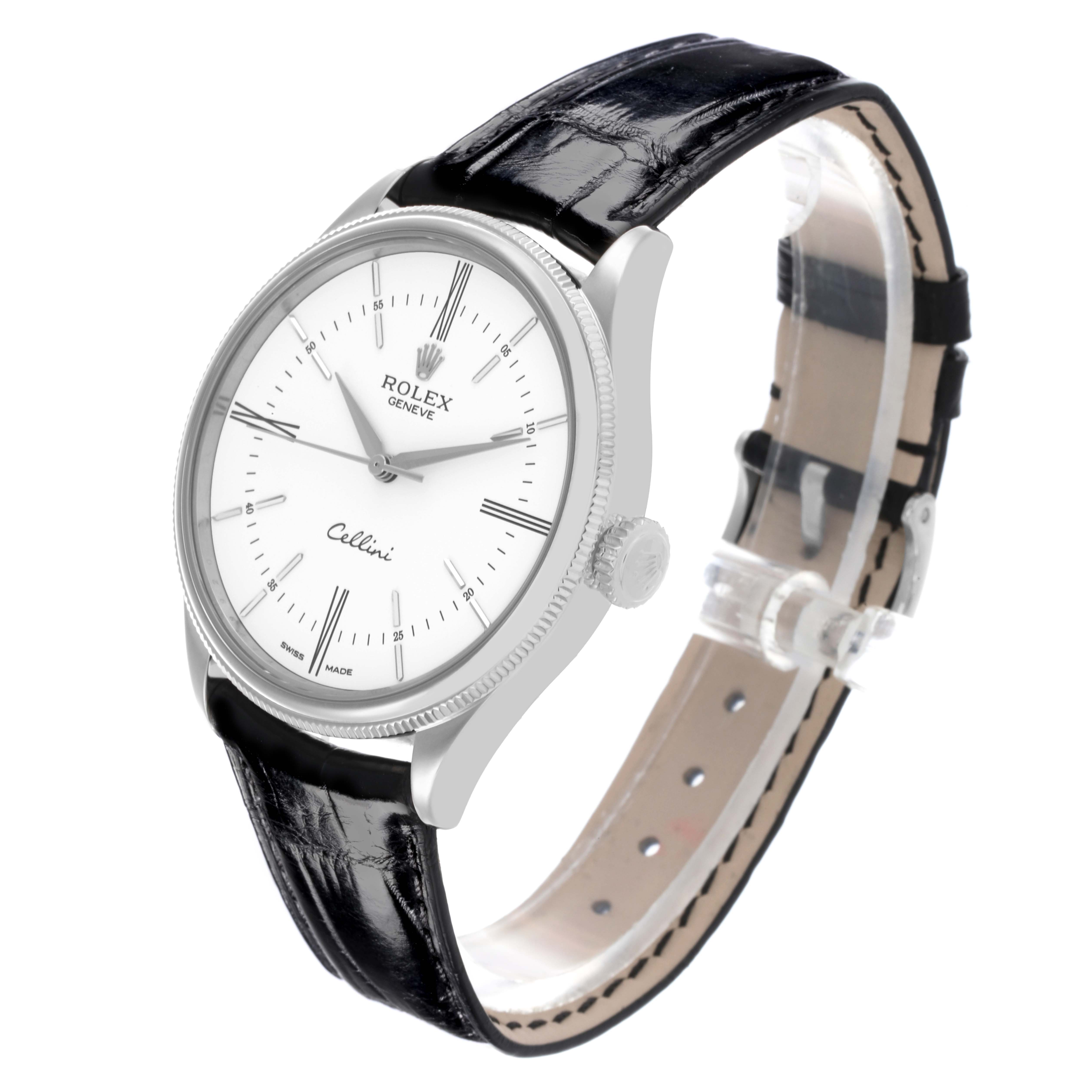 The Rolex Cellini 50509 Men's White Gold White Dial 50509 Men's White Gold White Dial watch is shown at a three-quarter angle, displaying the dial, crown, and leather strap.