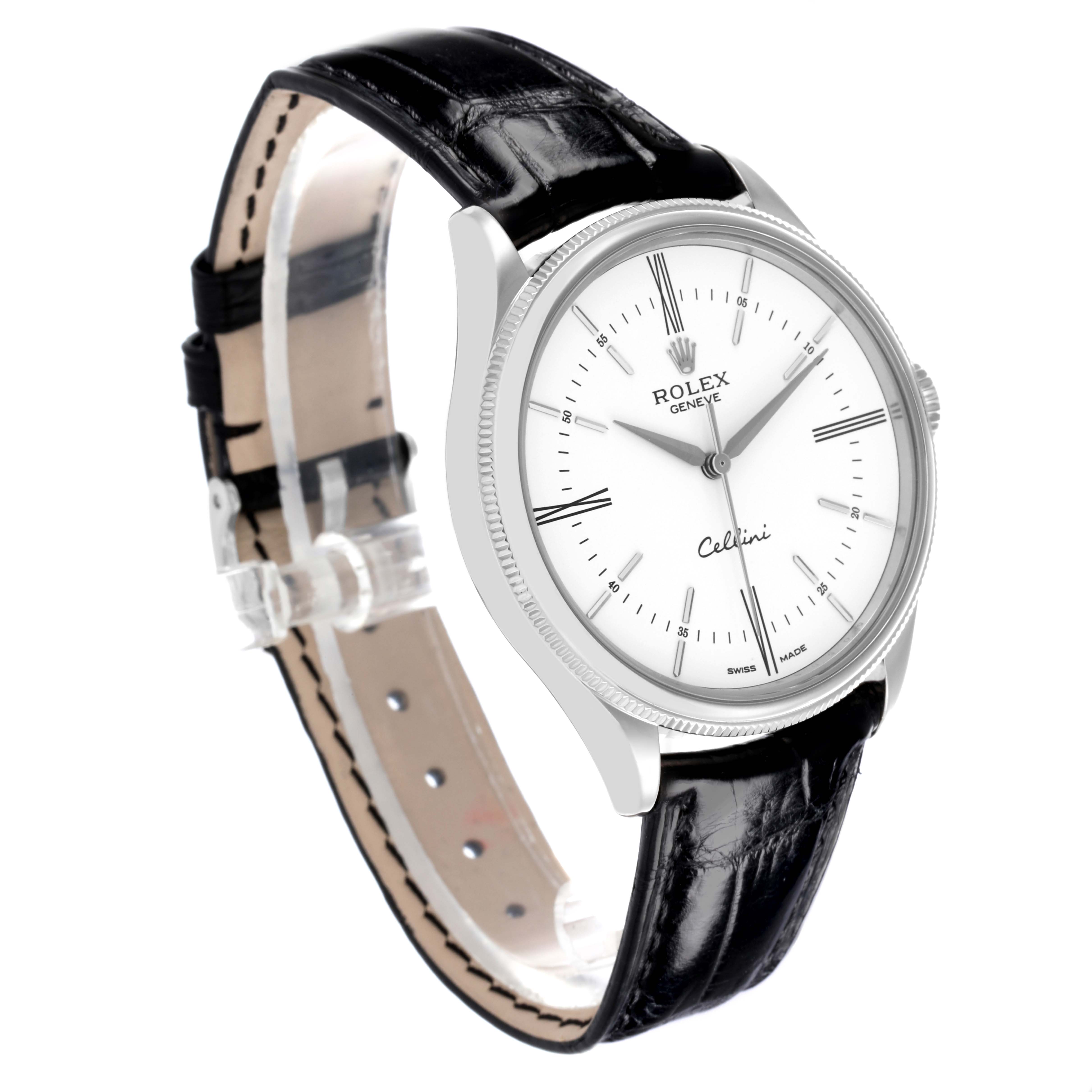 The Rolex Cellini 50509 Men's White Gold White Dial 50509 Men's White Gold White Dial watch is shown at an angled front view, highlighting the face, bezel, and black leather strap.