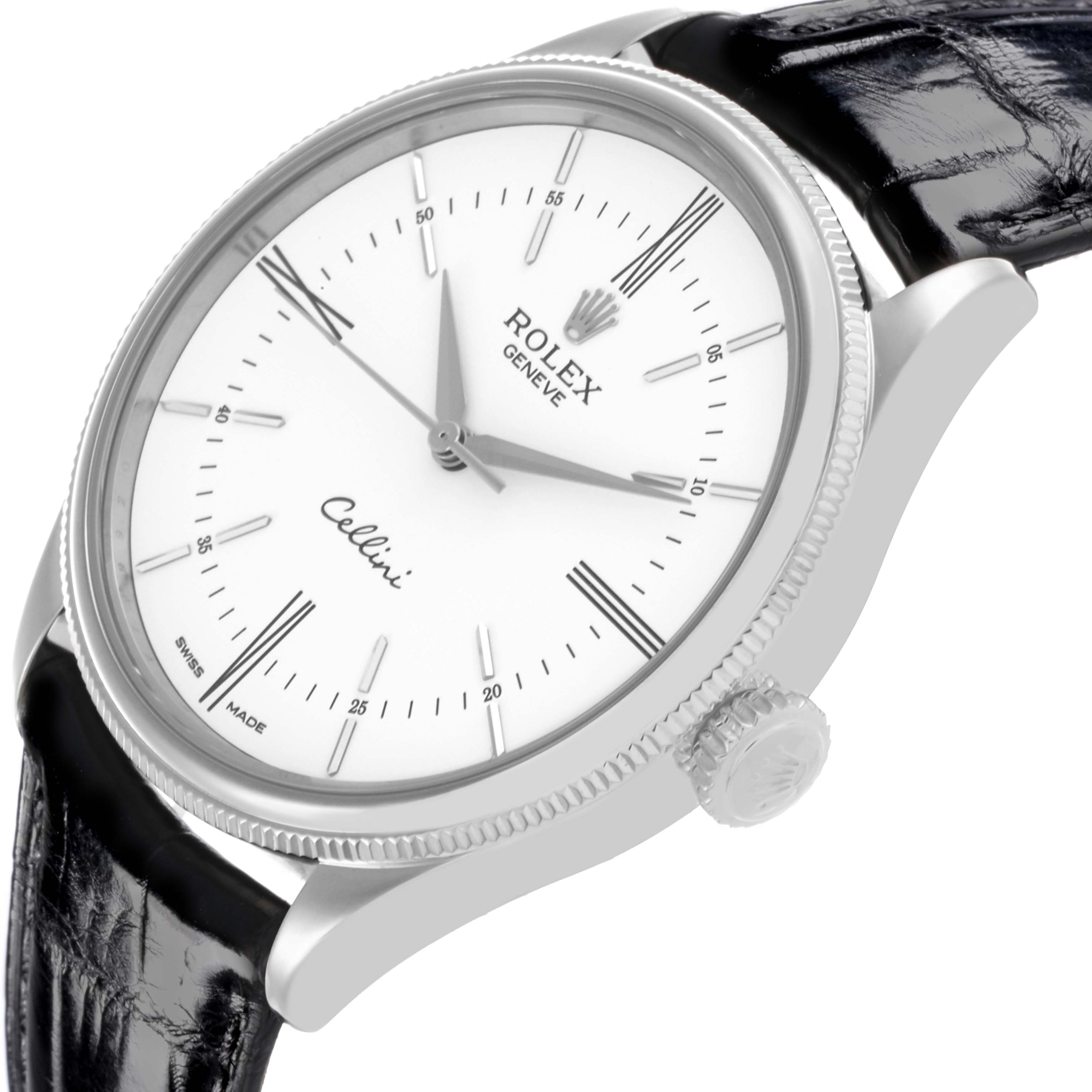 The Rolex Cellini 50509 Men's White Gold White Dial 50509 Men's White Gold White Dial watch is shown at an angled close-up, highlighting the dial, bezel, crown, and leather strap.