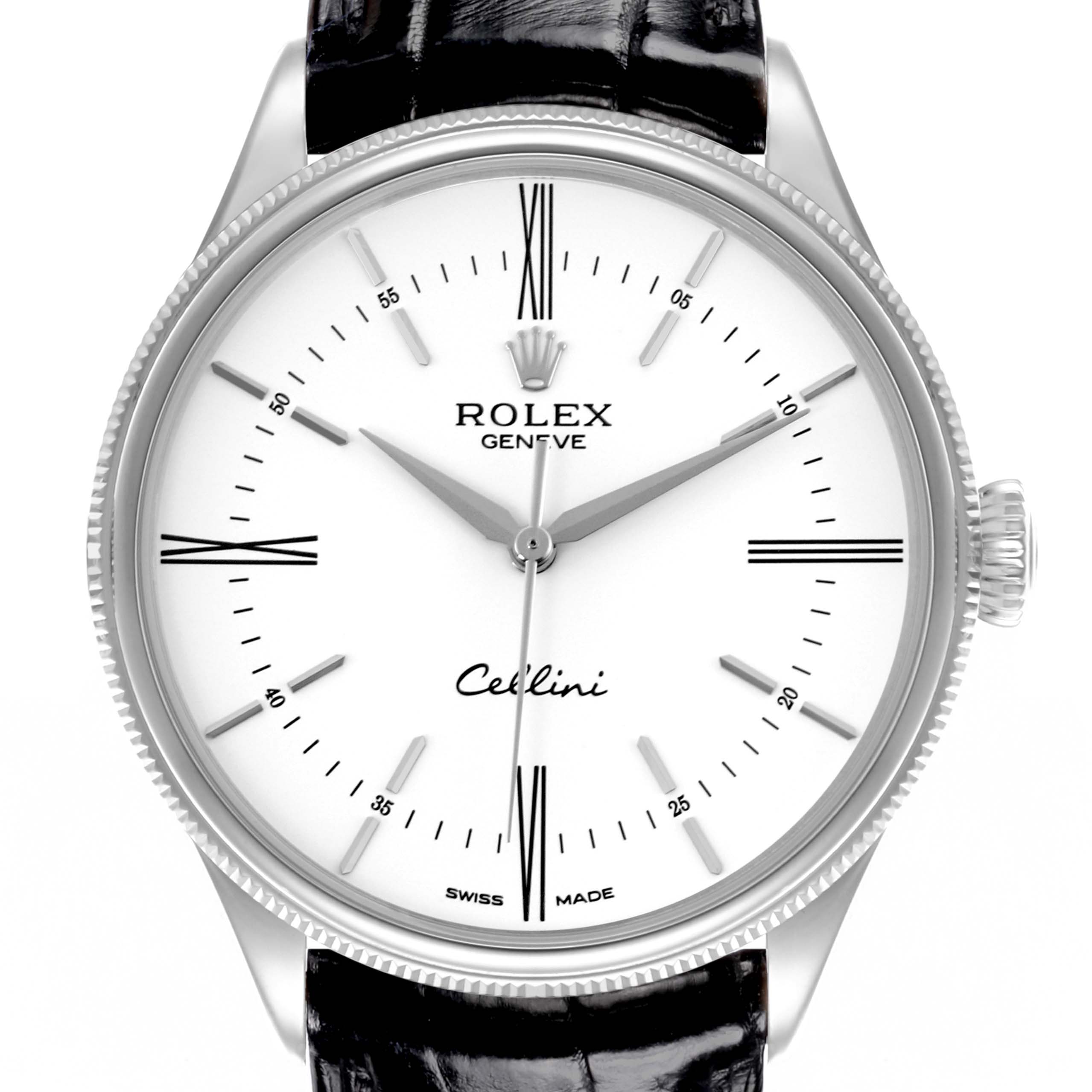 The image shows a front view of the Rolex Cellini 50509 Men's White Gold White Dial 50509 Men's White Gold White Dial watch, highlighting the dial, hands, crown, and part of the leather strap.