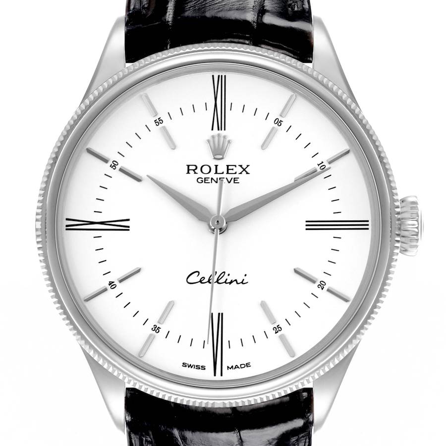 The image shows a front view of the Rolex Cellini watch, highlighting the dial, hands, crown, and part of the leather strap.