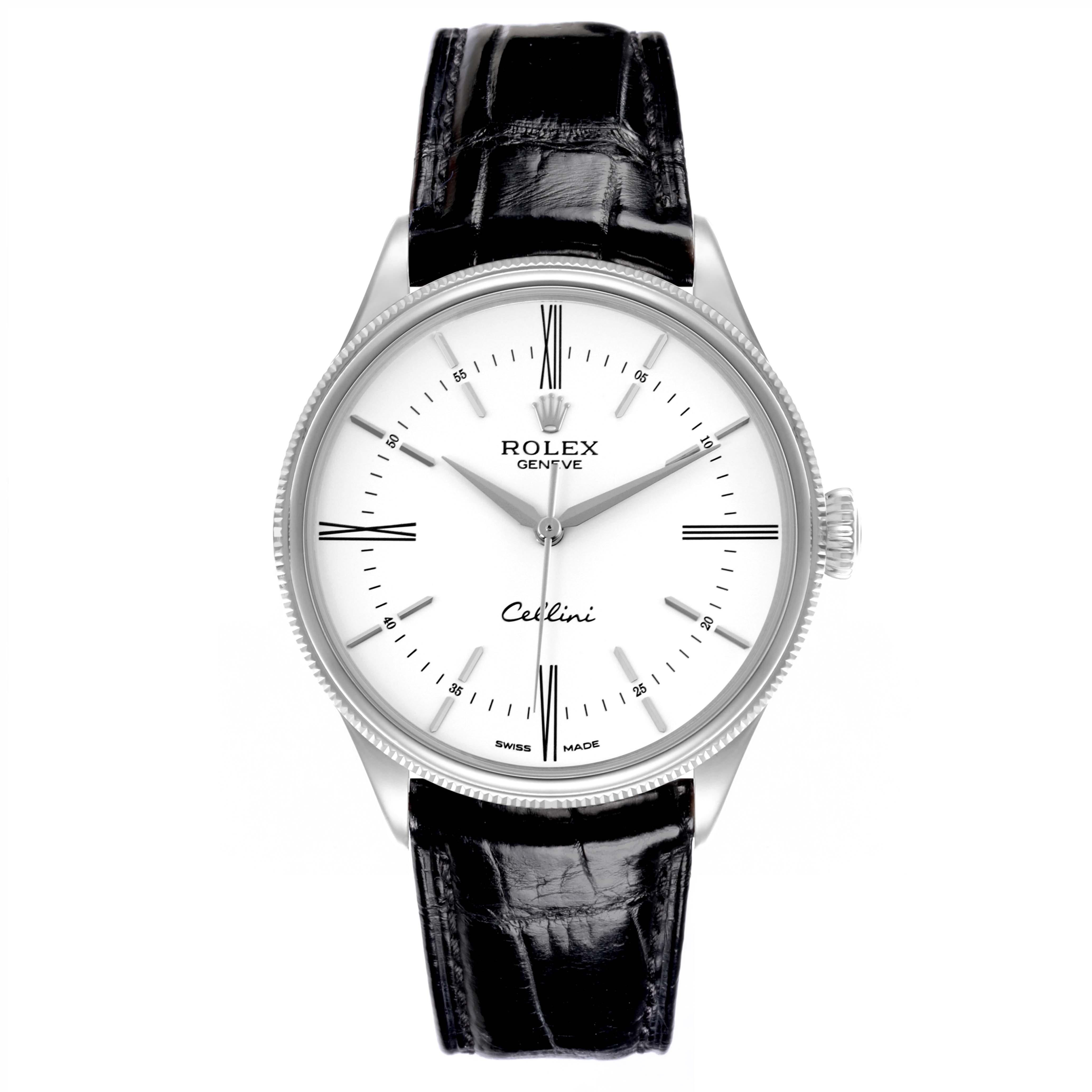 The Rolex Cellini 50509 Men's White Gold White Dial 50509 Men's White Gold White Dial watch is shown from the front, displaying its face, bezel, crown, and strap.